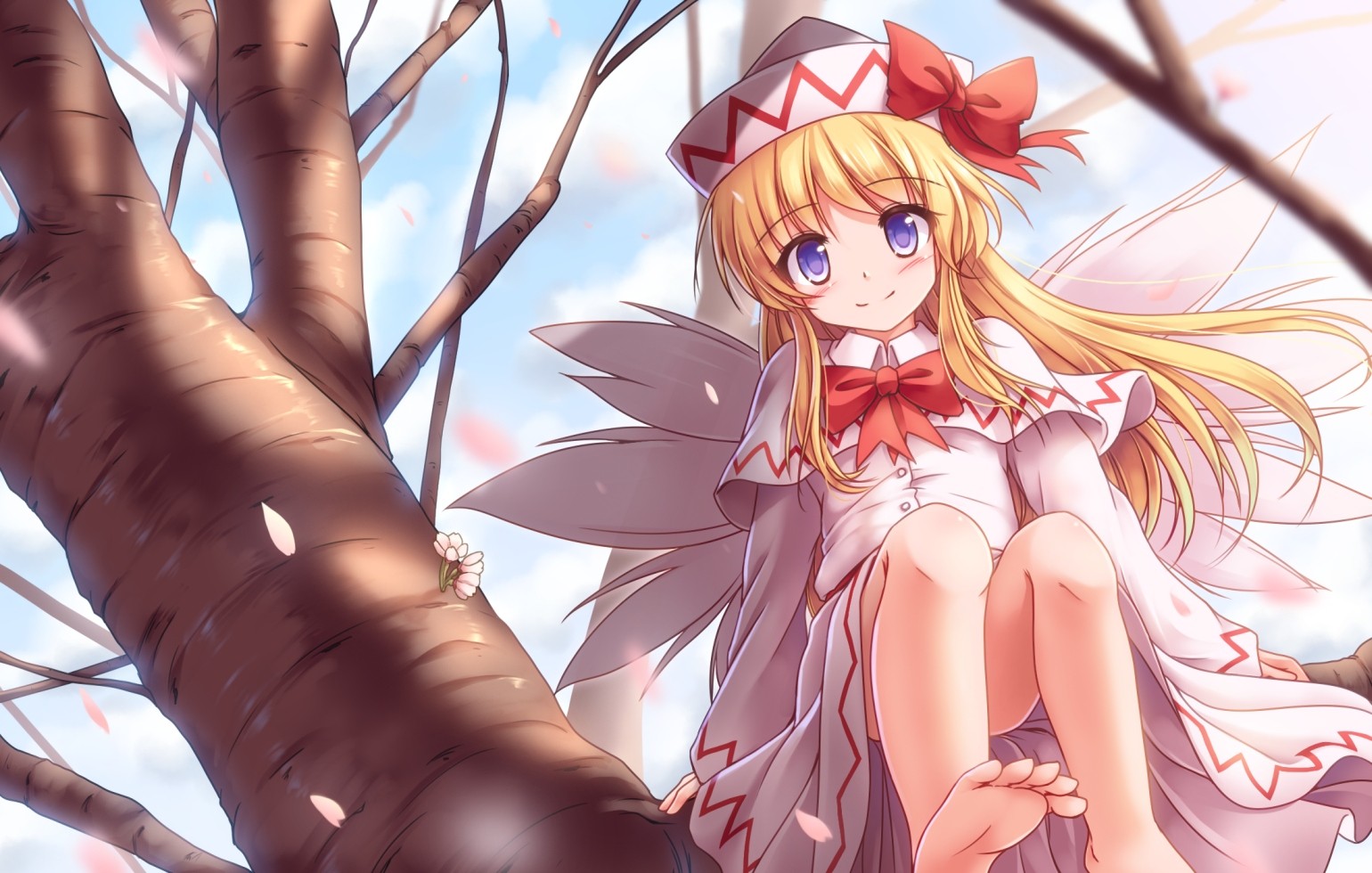 Anime 1540x980 Touhou Lily White blonde red ribbon white dress barefoot wings loli