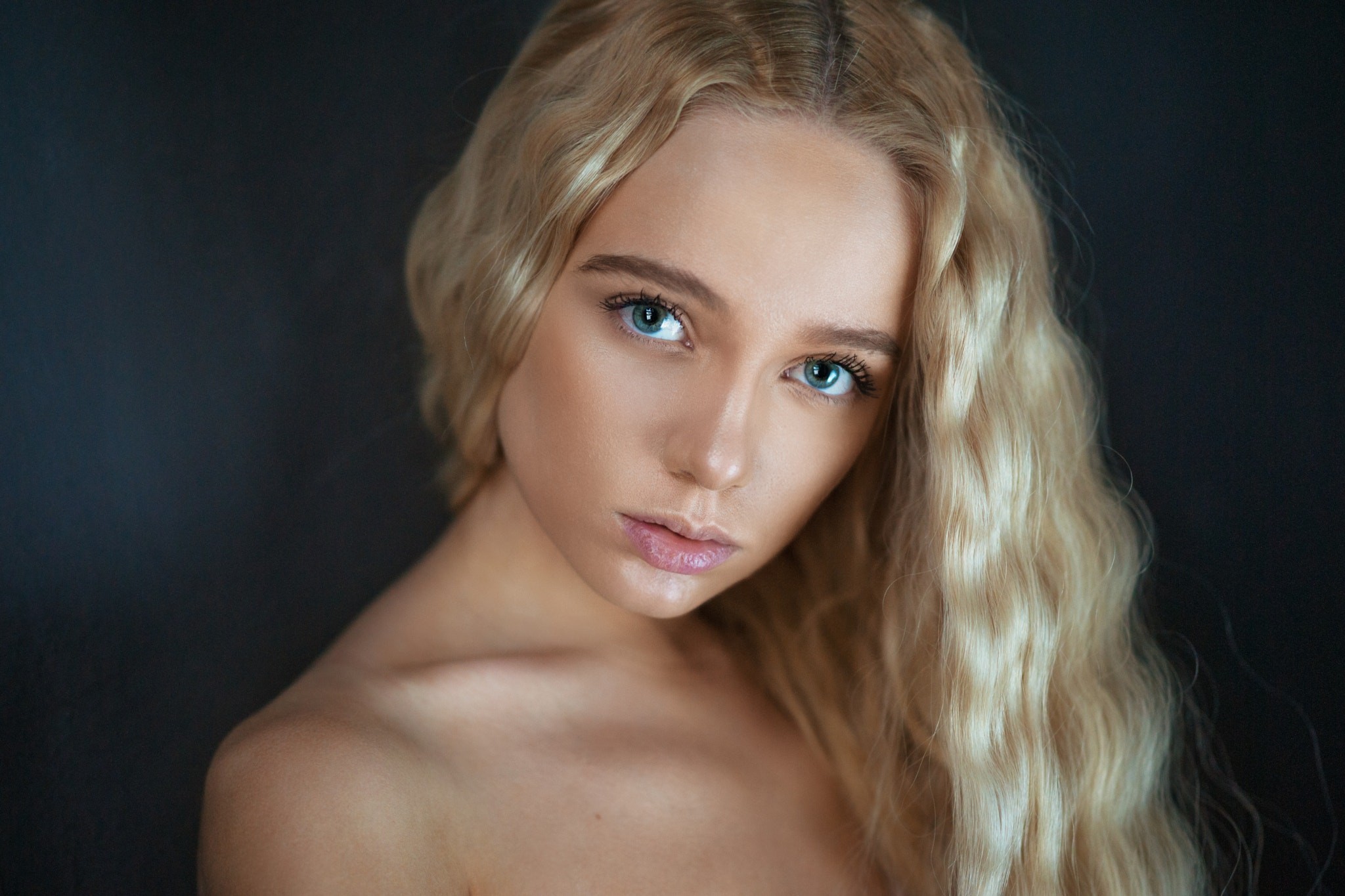 People 2048x1365 women Maxim Maximov blonde blue eyes simple background face portrait Maria Popova implied nude