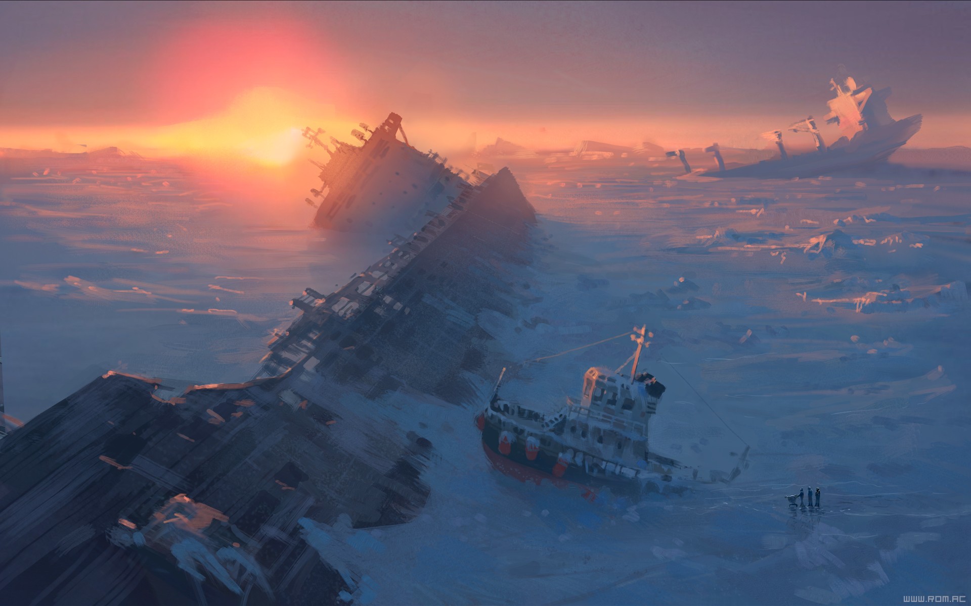 General 1920x1200 Vitaly S Alexius ship shipwreck frost ice apocalyptic watermarked digital art sunset sea