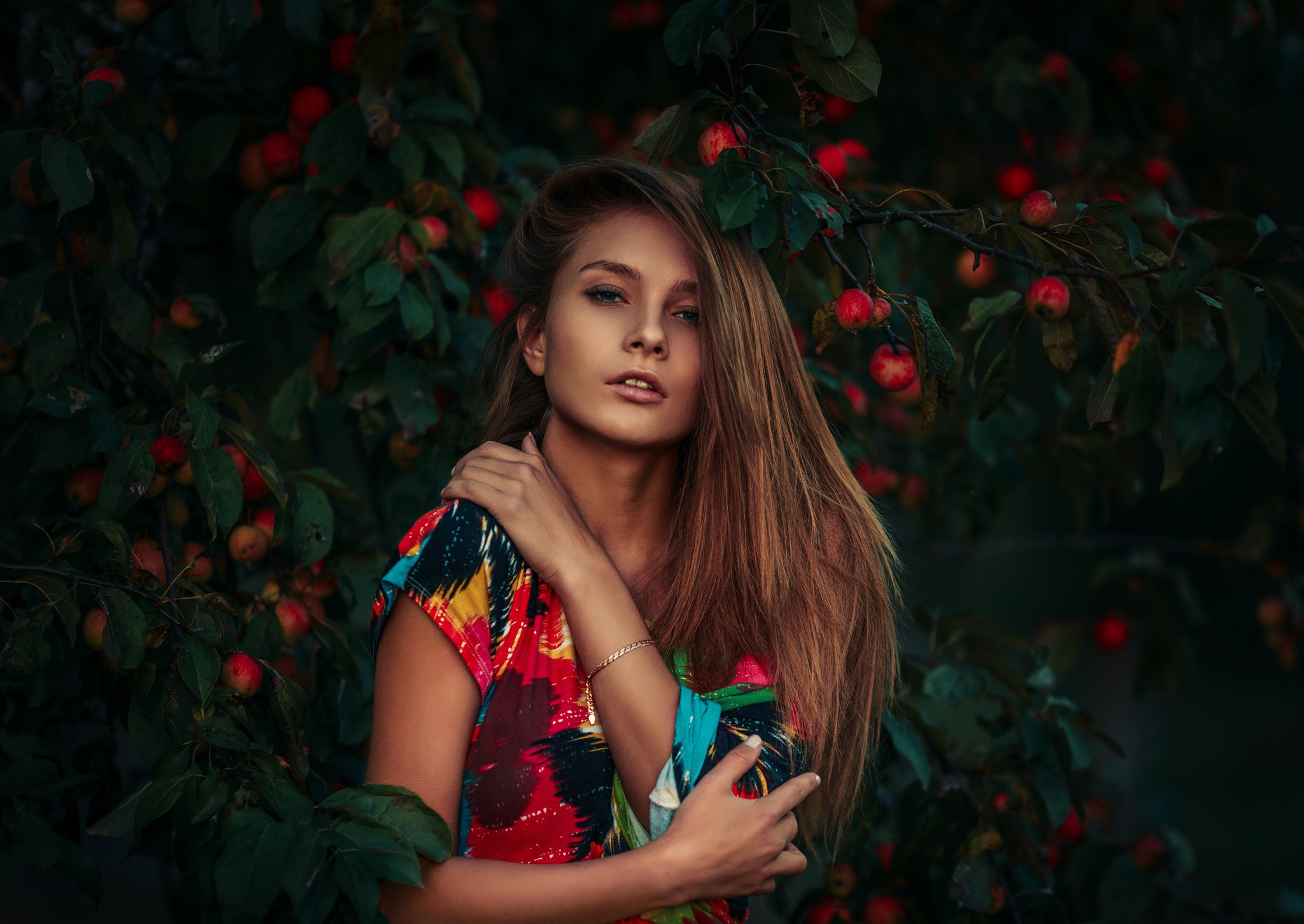 People 2048x1451 women face portrait Dmitry Butvilovsky brunette looking at viewer women outdoors outdoors fruit plants makeup model