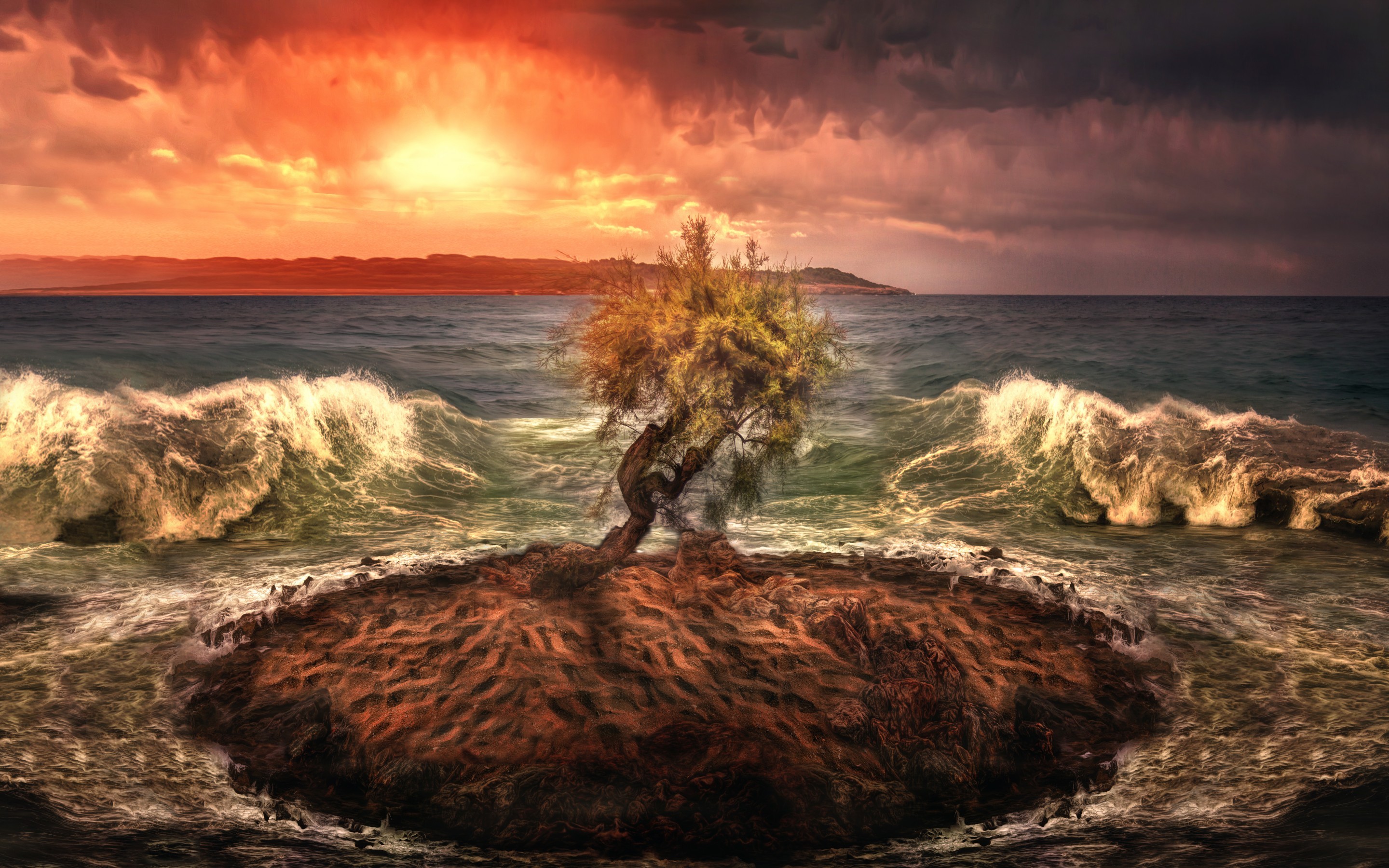 General 2880x1800 nature landscape sea waves coast photo manipulation HDR island trees clouds sunset cliff sand