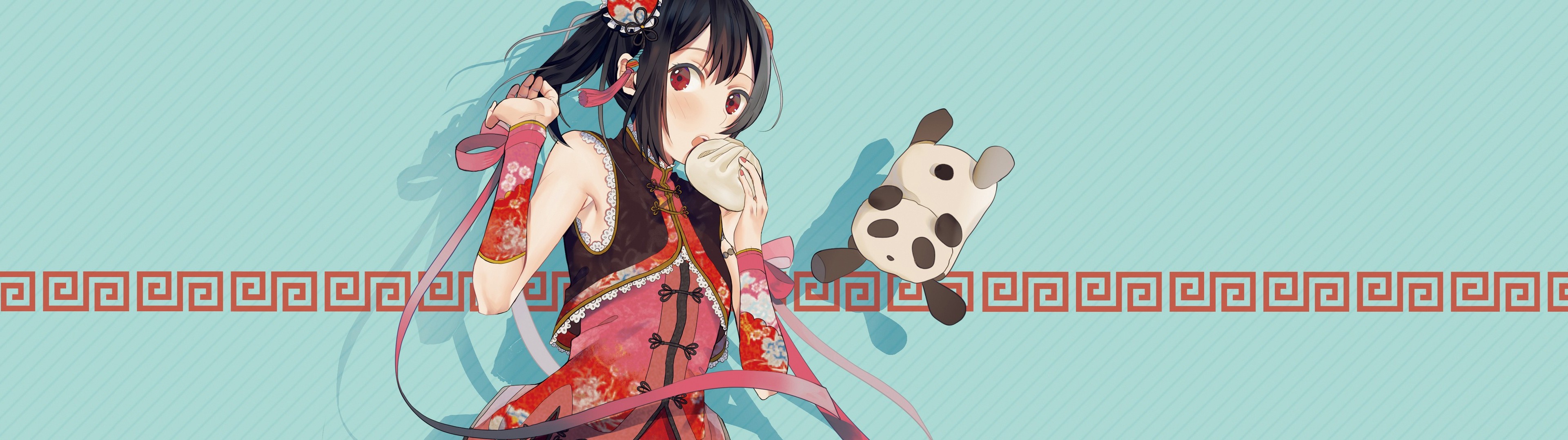 Anime 3840x1080 anime girls panda Chinese dress