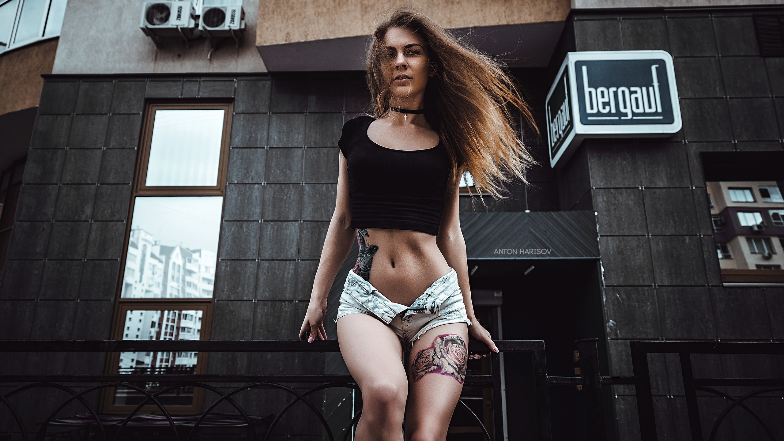 People 2560x1440 Yulia Berr women portrait brunette skinny belly tattoo jean shorts short shorts choker Anton Harisov watermarked