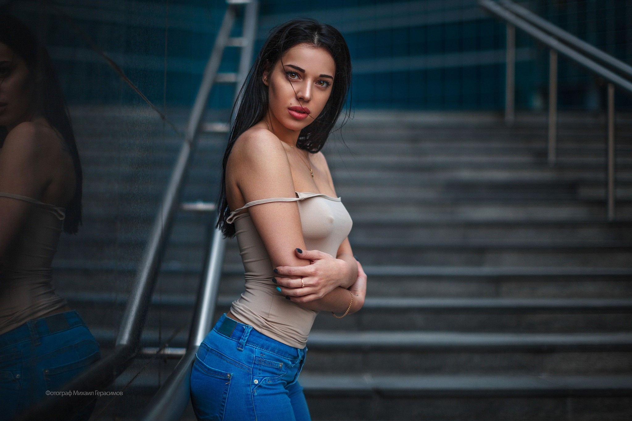 People 2048x1365 women portrait pants stairs brunette nipples through clothing reflection jeans arms crossed no bra