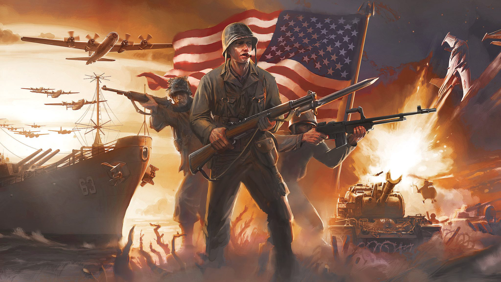 General 1920x1080 American flag tank military digital art gun boys with guns war flag standing soldier military vehicle cigars aiming sky sunset sunset glow helmet military aircraft water helicopters ship
