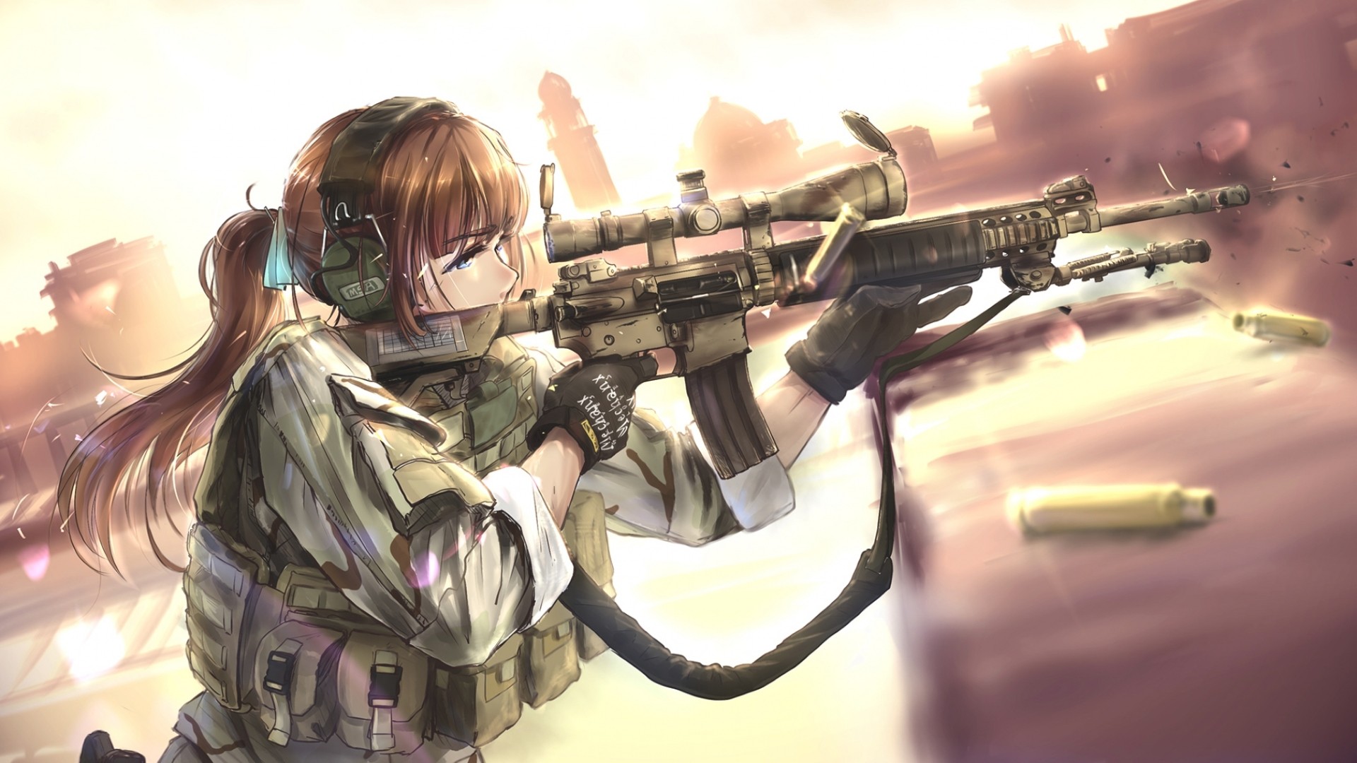 Anime 1920x1080 anime anime girls military weapon TC1995 girls with guns rifles brunette AR-15