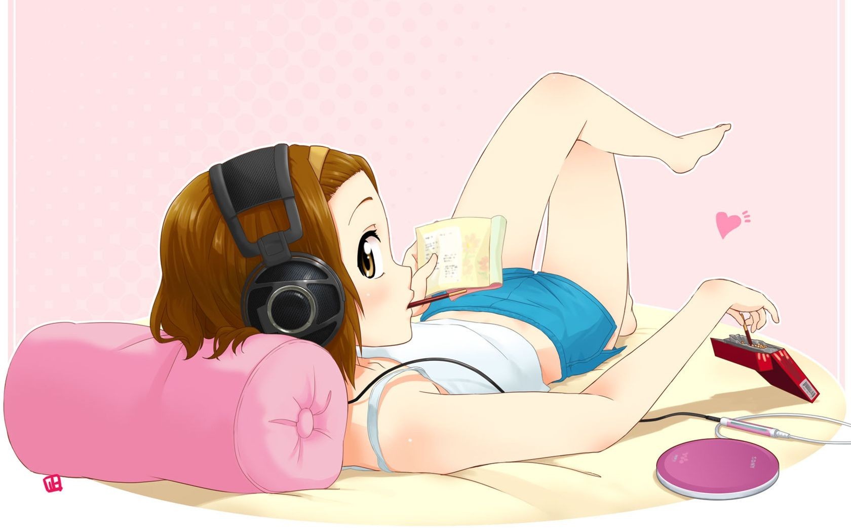 Anime 1680x1050 anime anime girls headphones Tainaka Ritsu K-ON! thighs barefoot food lying on back