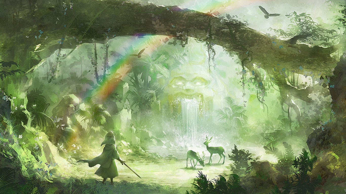 General 1366x768 fantasy art anime nature deer animals rainbows plants
