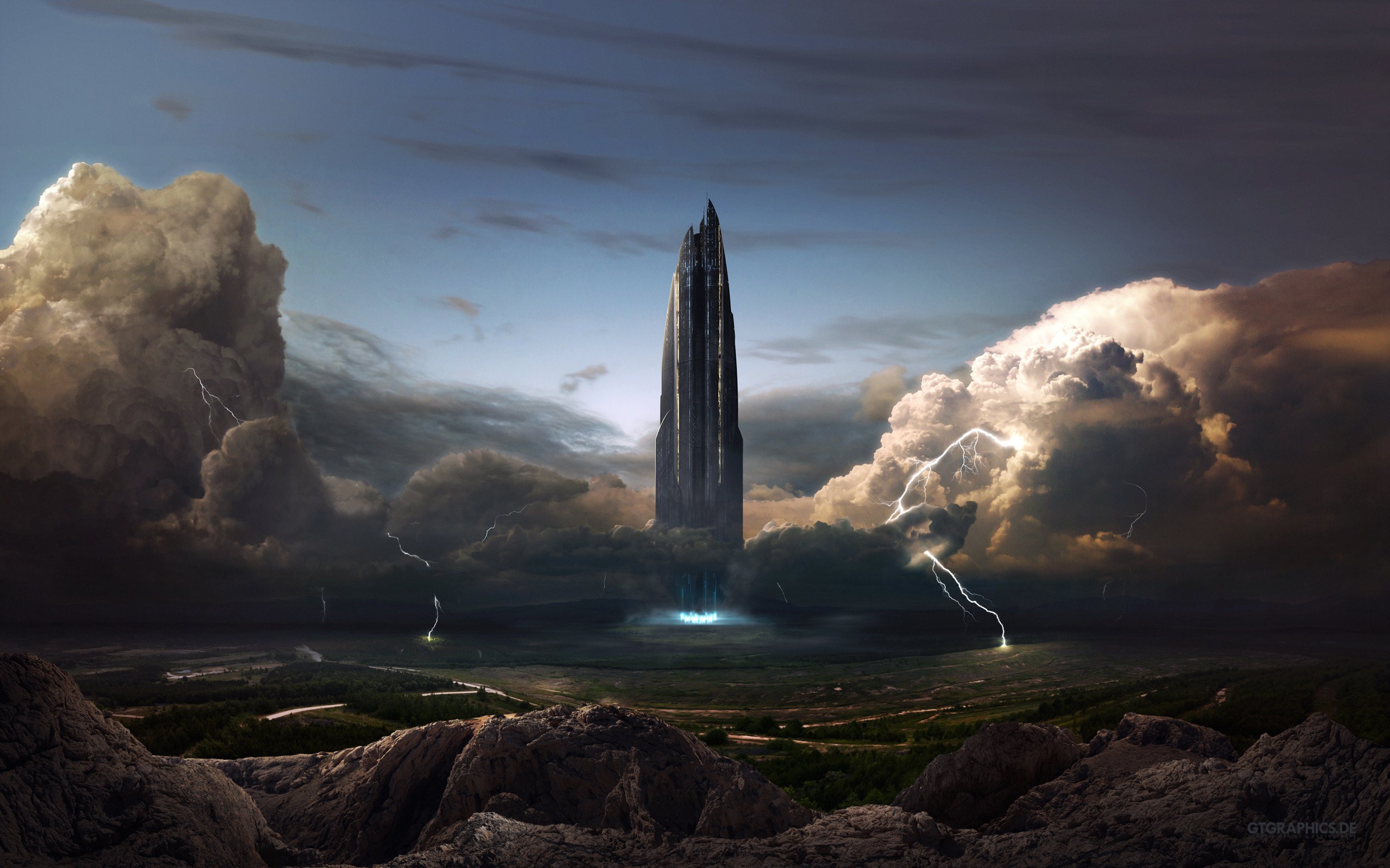 General 2560x1600 CGI futuristic lightning science fiction storm clouds sky tower futuristic city
