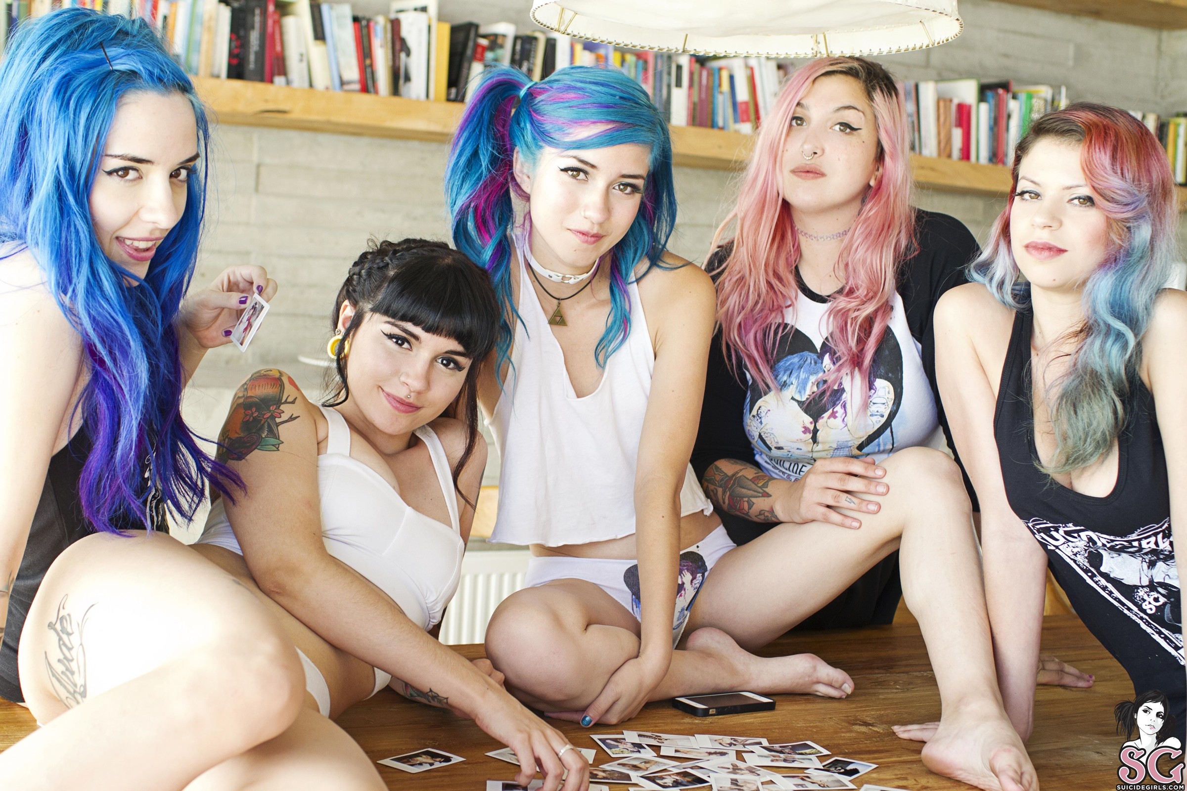 People 2400x1600 Suicide Girls Fay Suicide Latinas brunette blue hair women Chilean women Talena group of women women indoors indoors watermarked dyed hair multi-colored hair underwear panties long hair looking at viewer legs thighs model tattoo