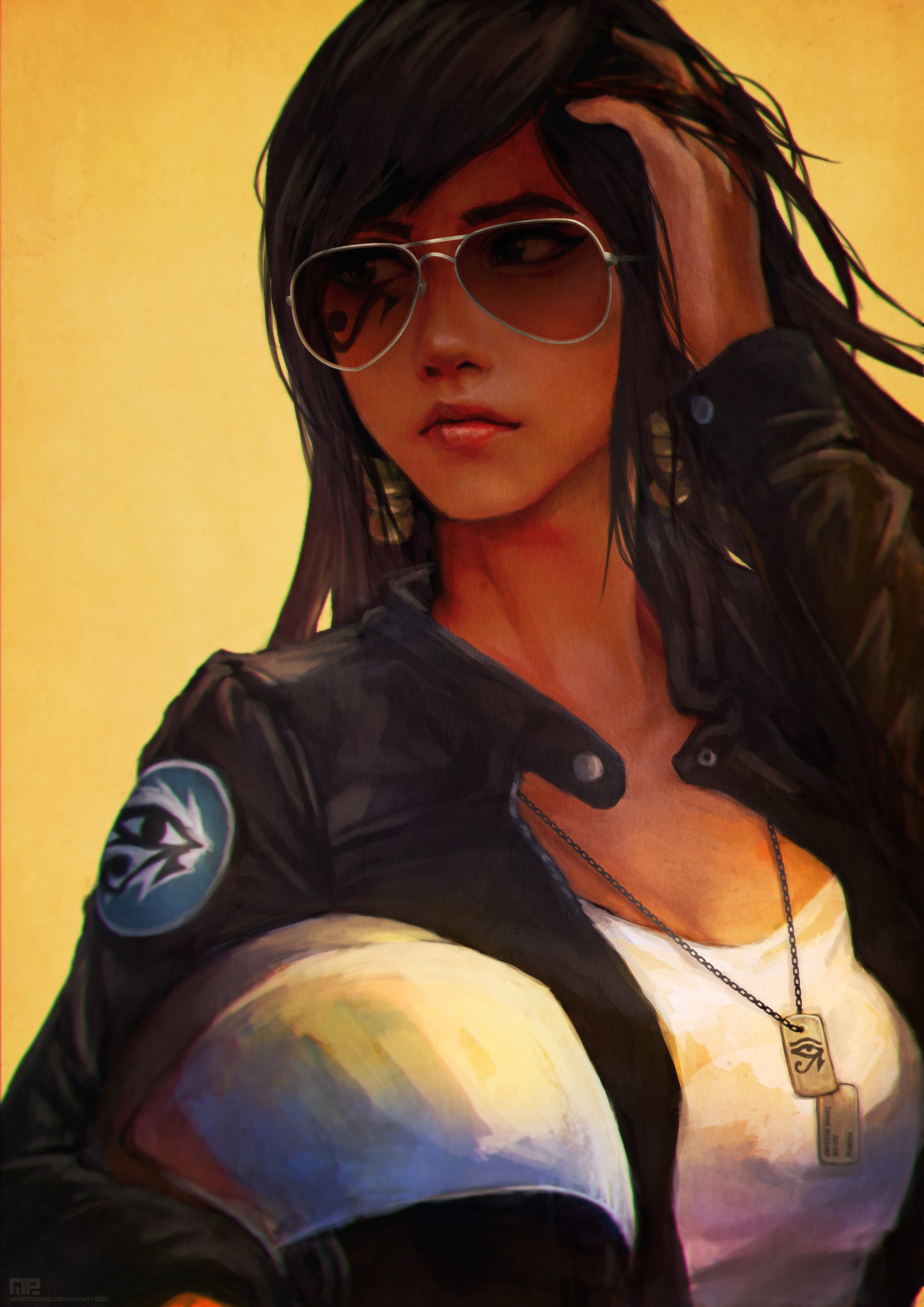 General 2480x3508 digital art glasses Overwatch fan art Pharah (Overwatch) women with shades yellow background looking away women PC gaming video game girls video game characters