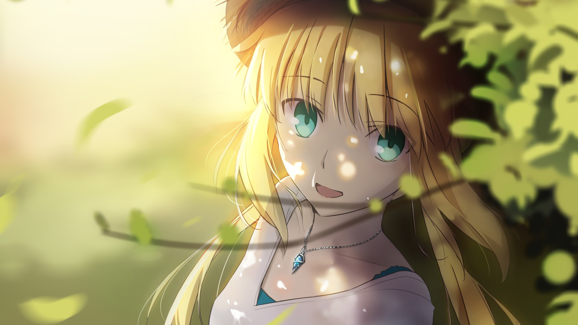 Anime 1920x1080 Fate series anime girls anime necklace blonde face green eyes women outdoors closeup looking at viewer open mouth