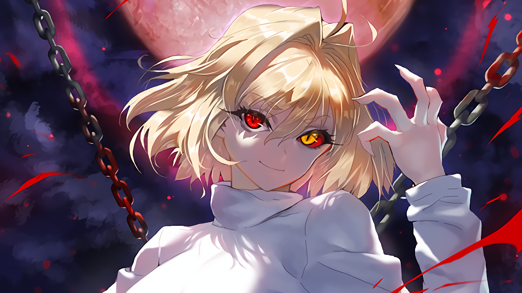 Anime 1792x1008 anime anime girls chains blonde red eyes heterochromia face looking at viewer hair in face
