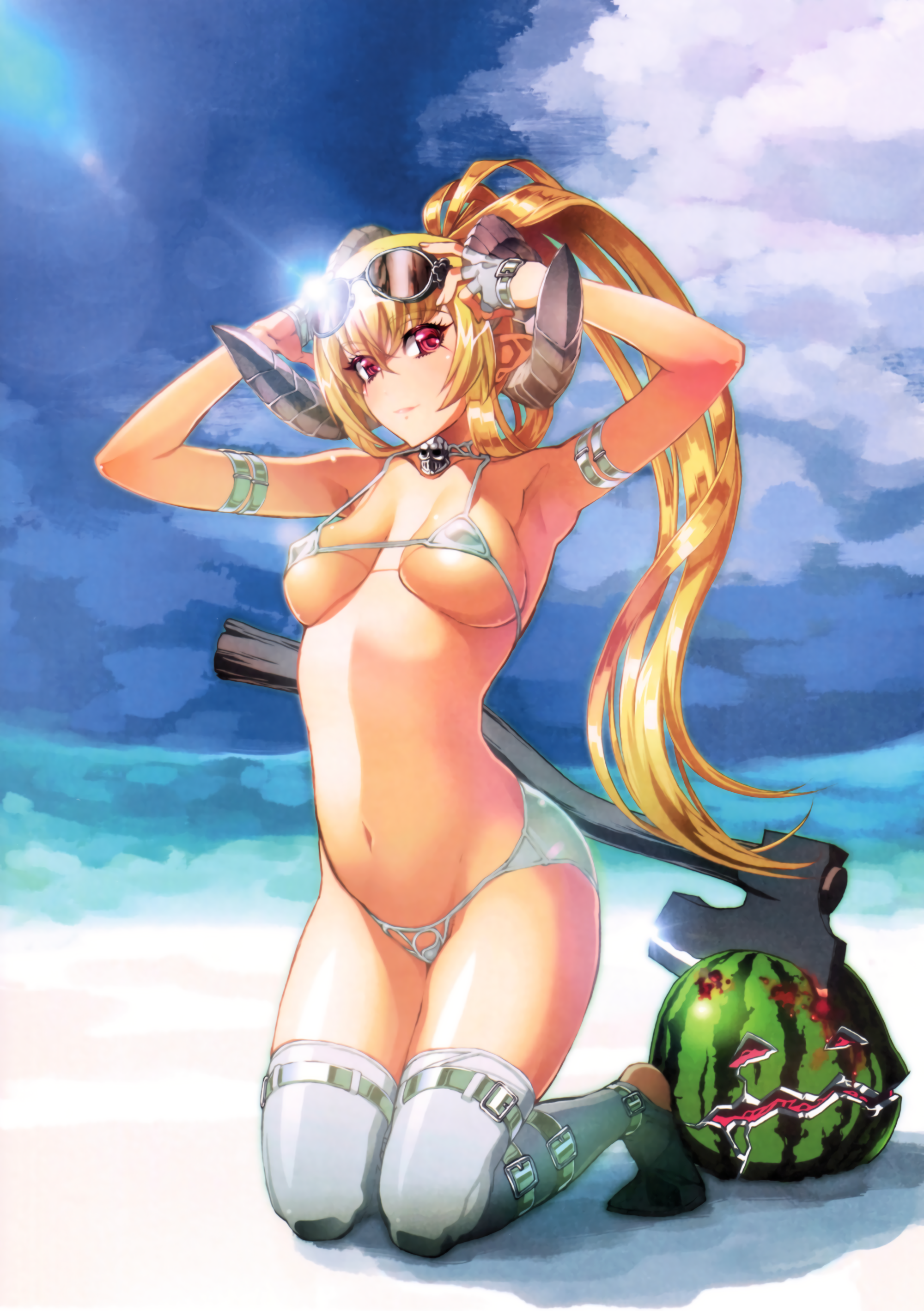 Anime 2000x2838 Lucifer (Sin: Nanatsu no Taizai) Sin: Nanatsu no Taizai anime girls bikini blonde ponytail thigh-highs watermelons