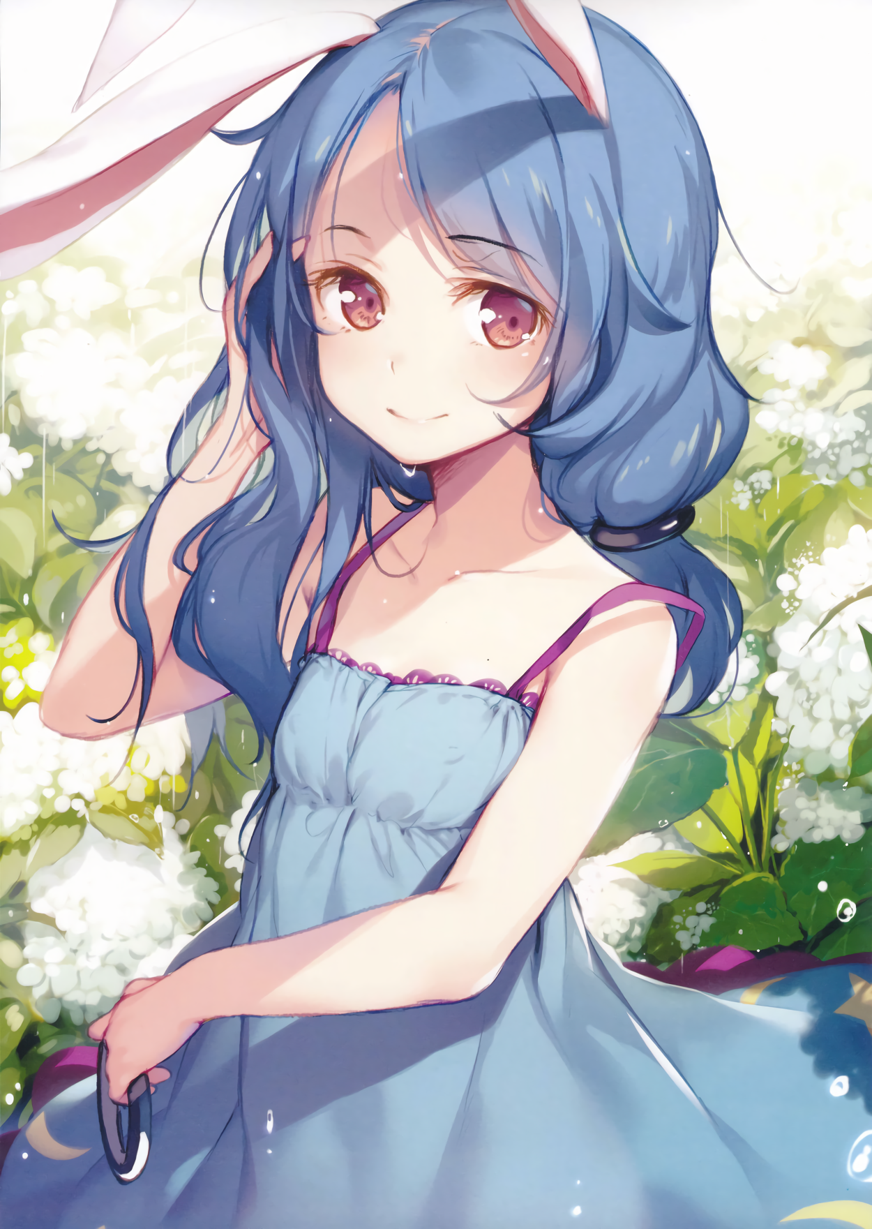 Anime 1250x1761 phone blue dress blue hair garden happy bunny ears