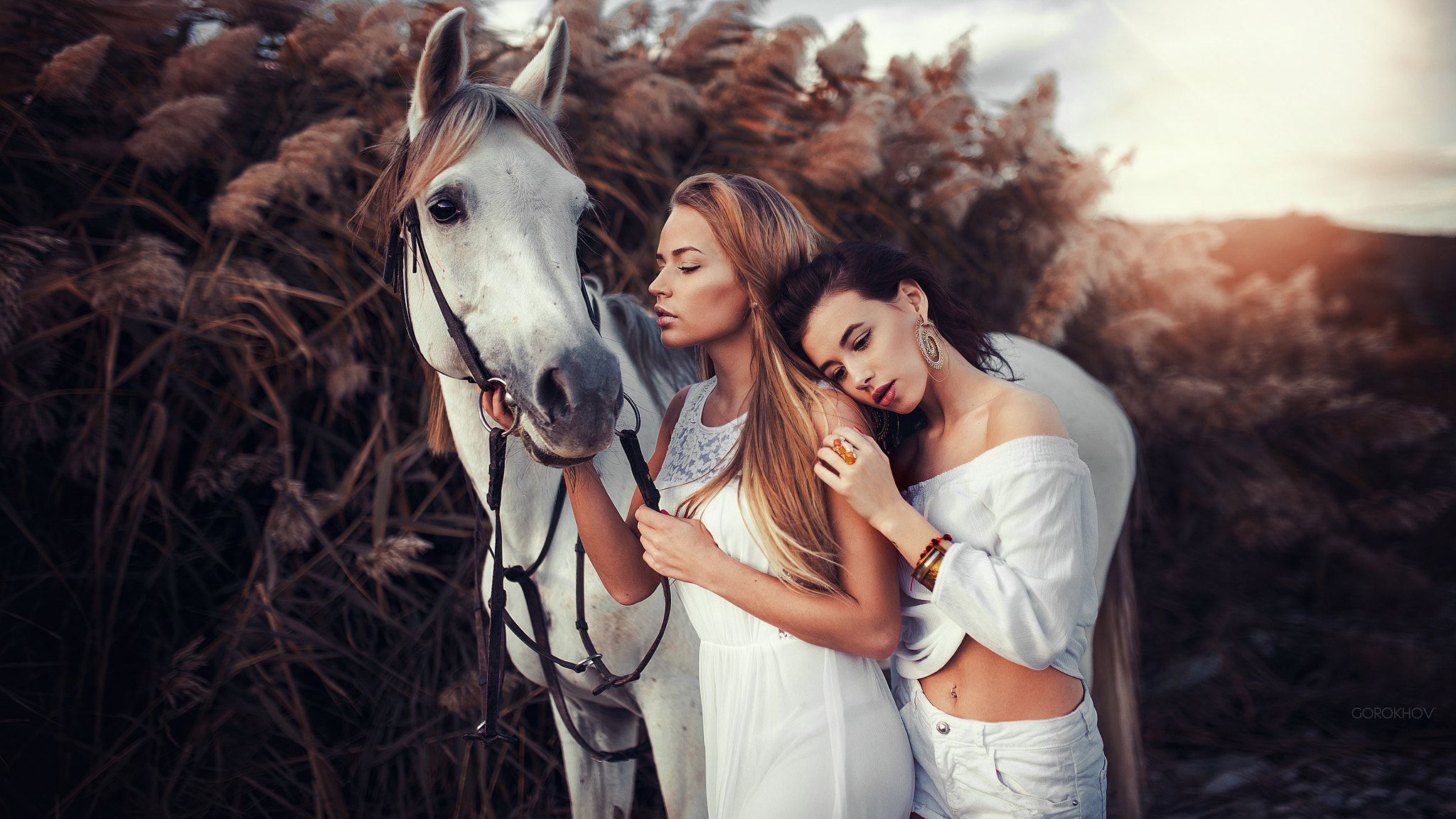 People 2048x1152 women horse Ivan Gorokhov model animals Maria Puchnina women with horse white dress white tops two women