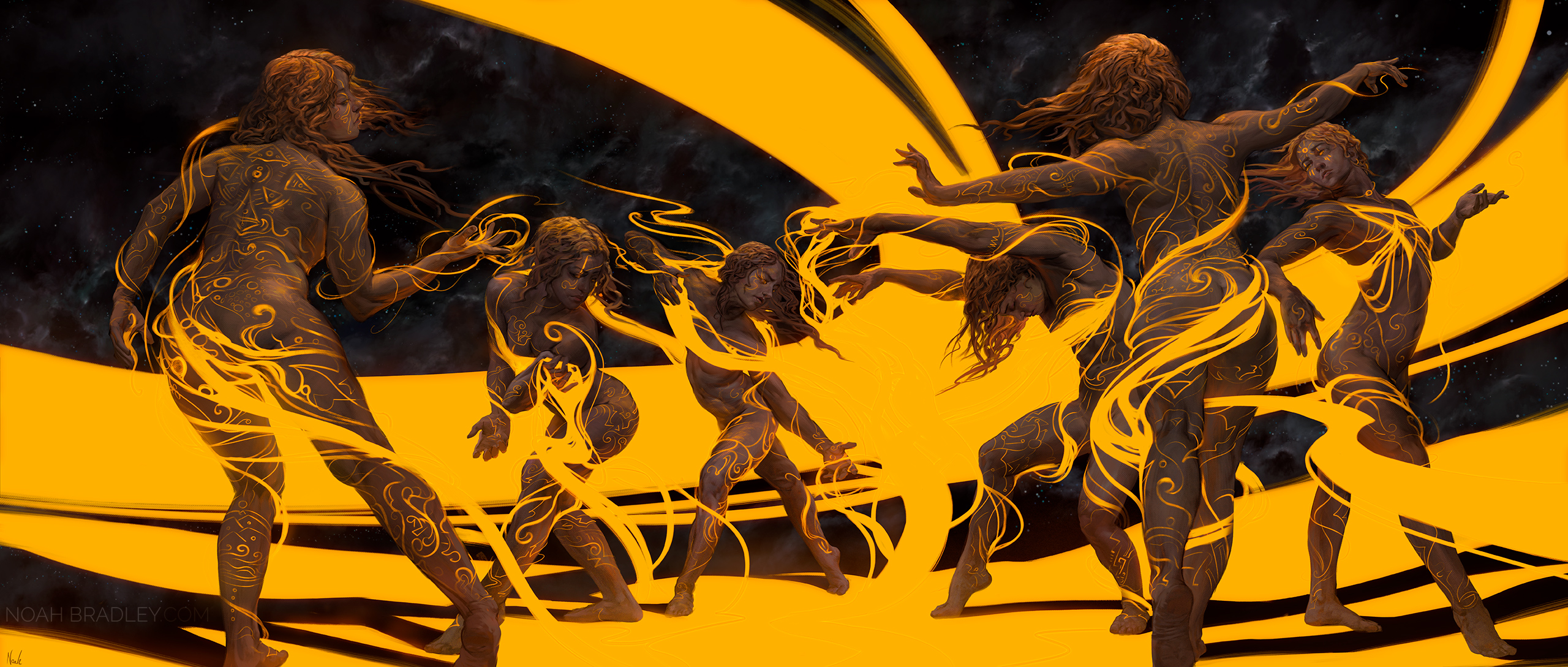 General 2560x1089 Noah Bradley artwork women dancer yellow fantasy girl ritual