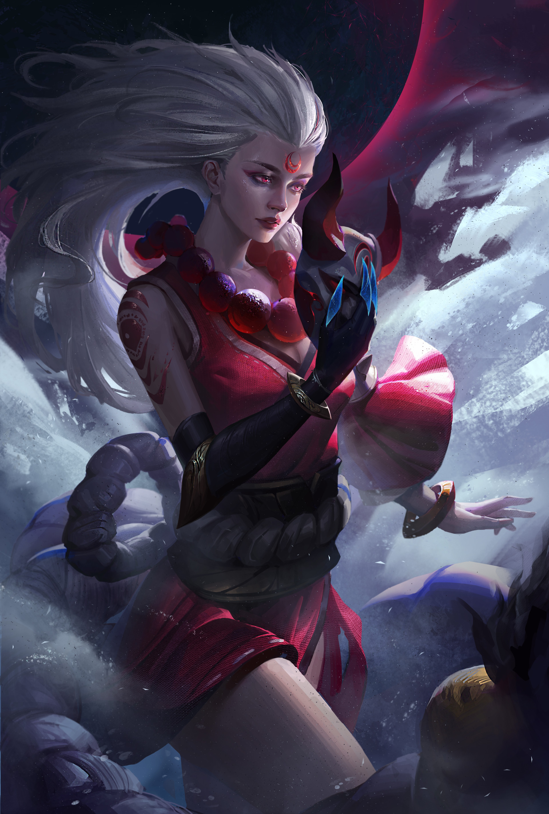 General 1920x2848 fantasy art magic warrior Diana (League of Legends) white hair long hair oni mask red clothing video game girls fantasy girl video game characters standing mask red eyes inked girls PC gaming red dress