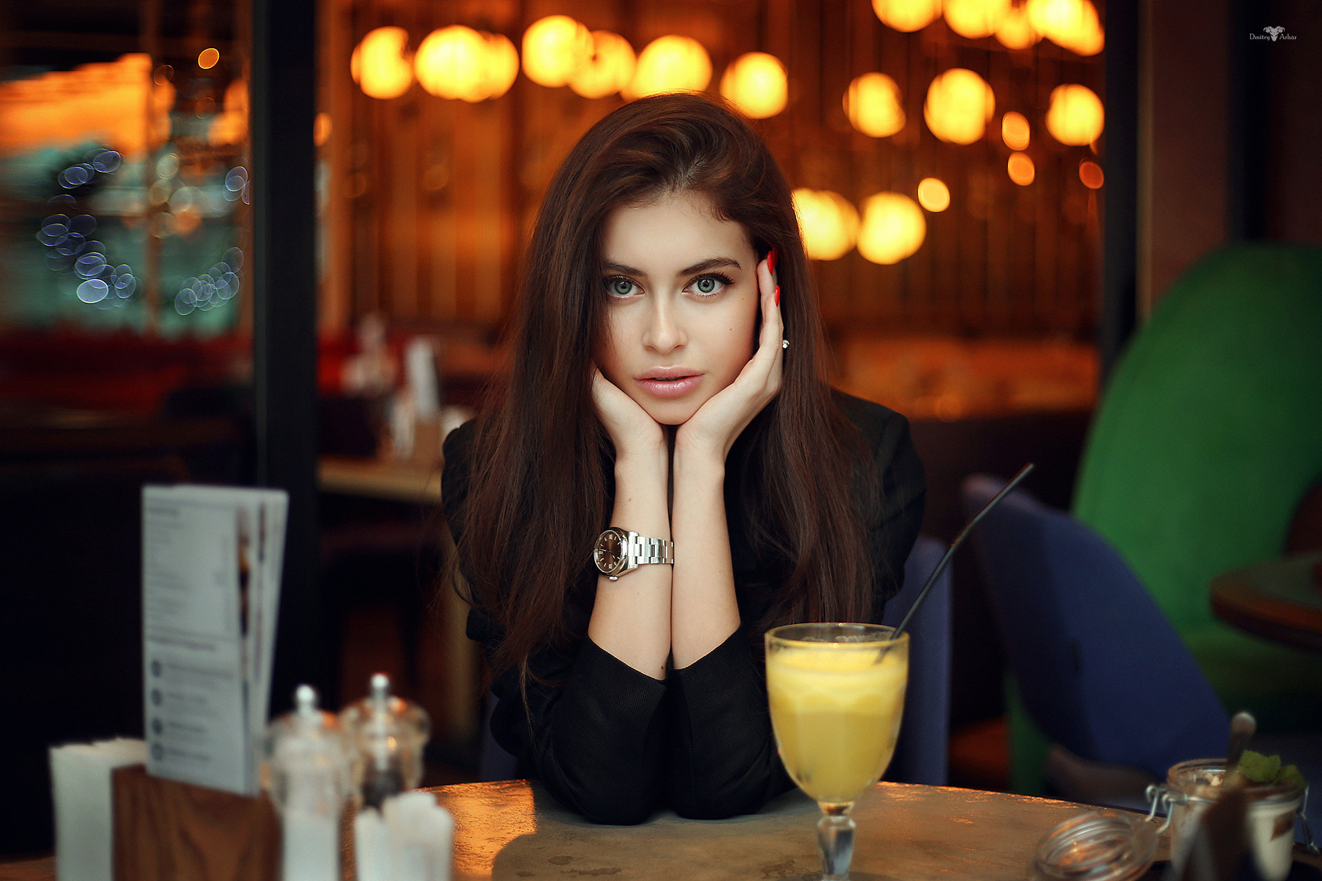 People 1920x1280 women portrait depth of field red nails table cocktails Dmitry Arhar brunette long hair Alina cafeteria  watermarked