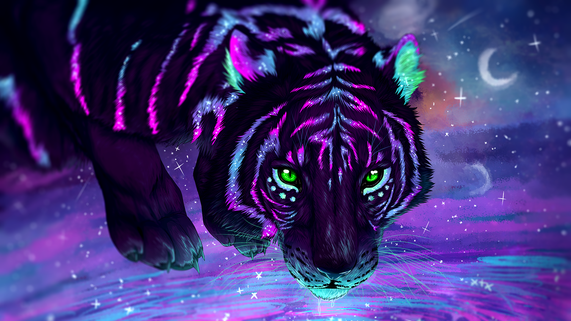General 1920x1080 digital art tiger stars galaxy purple colorful green eyes