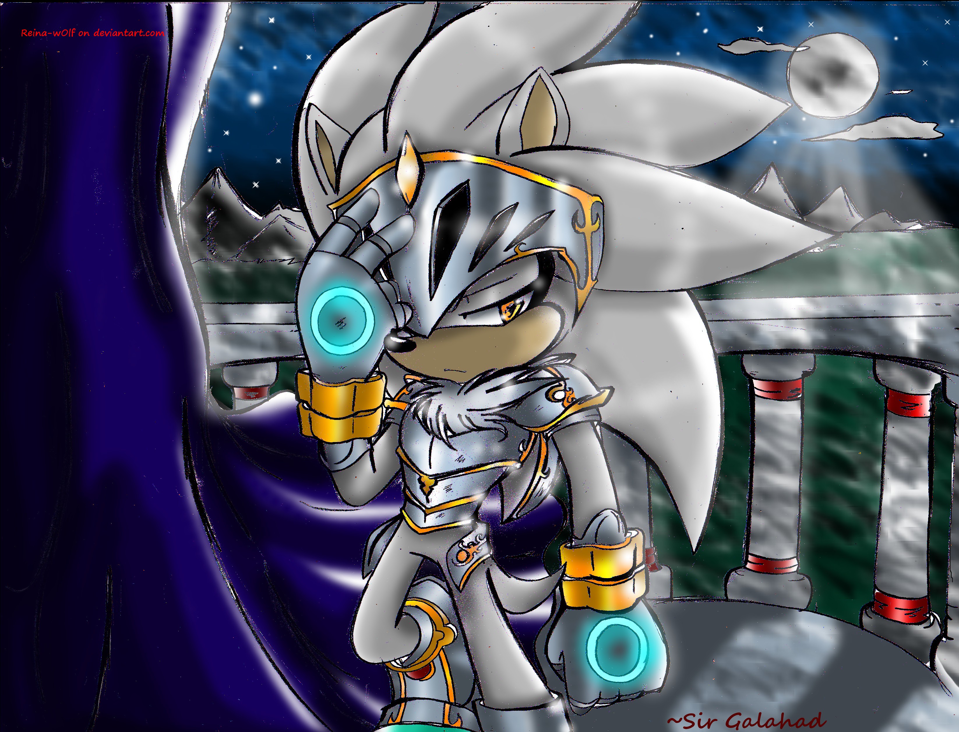 General 3292x2512 video games Sega Sonic the Hedgehog knight video game characters Silver the Hedgehog Moon moonlight watermarked one eye obstructed frown closed mouth mountains sky clouds night Reina-wOlf