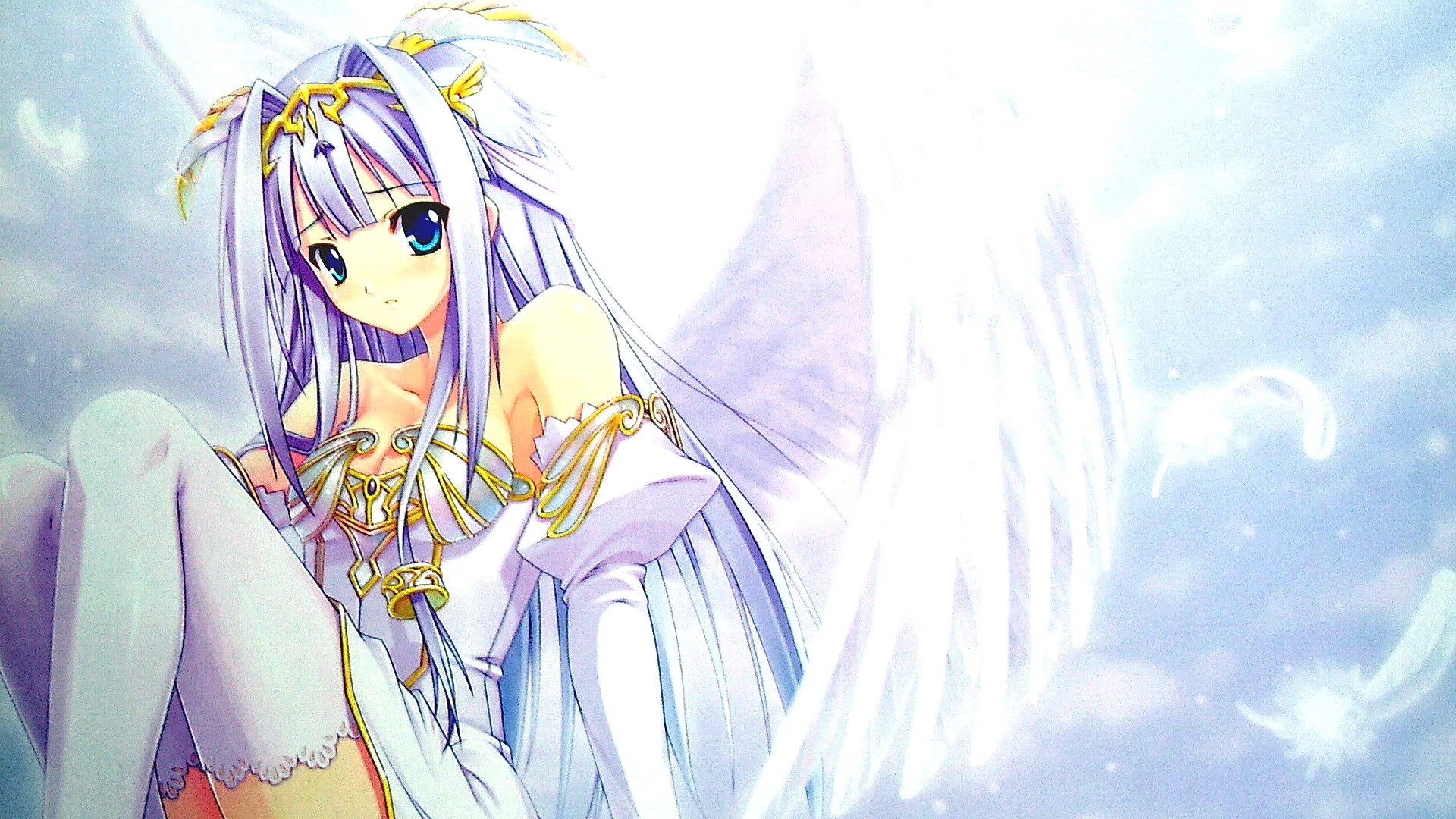Anime 1920x1080 anime anime girls Sayori angel wings original characters angel girl blue eyes fantasy art fantasy girl stockings purple hair long hair