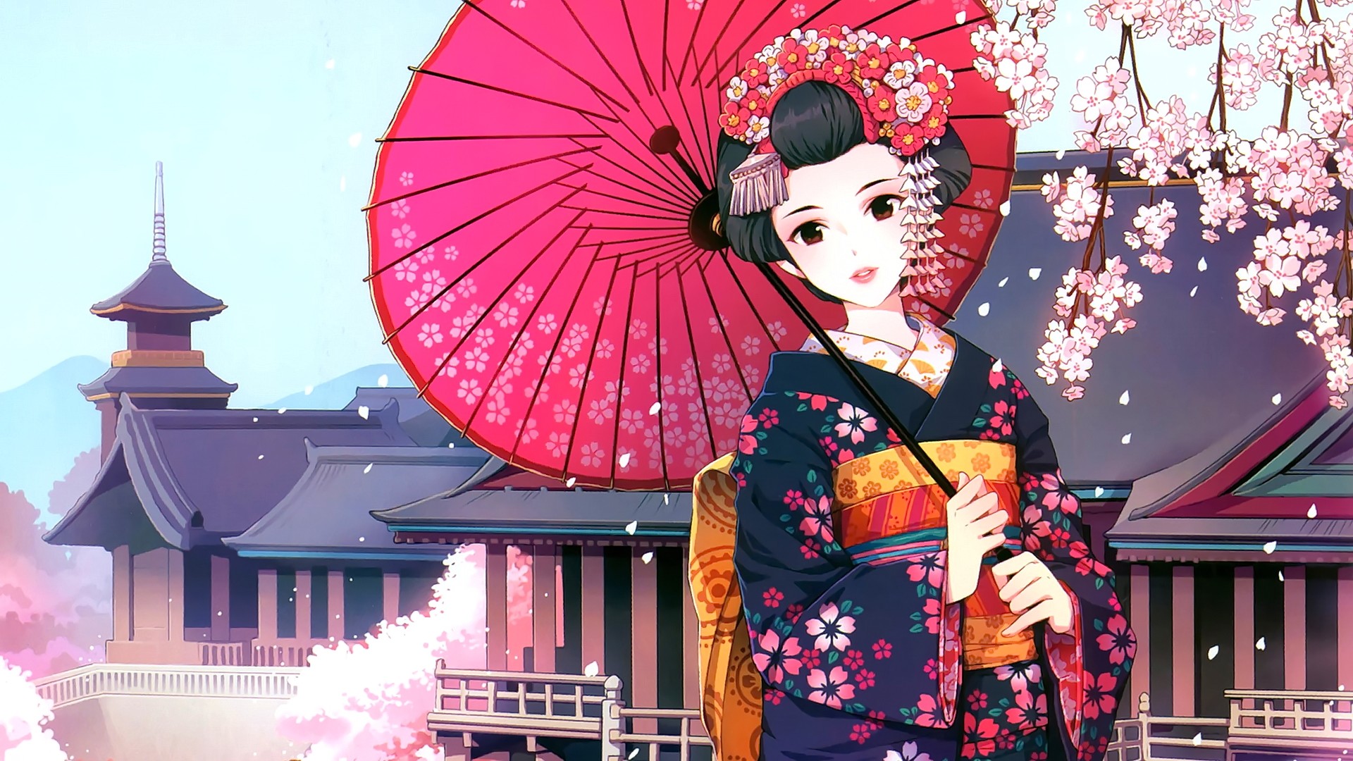Anime 1920x1080 anime anime girls kimono Asian architecture cherry blossom umbrella paper umbrellas Japanese clothes geisha traditional clothing