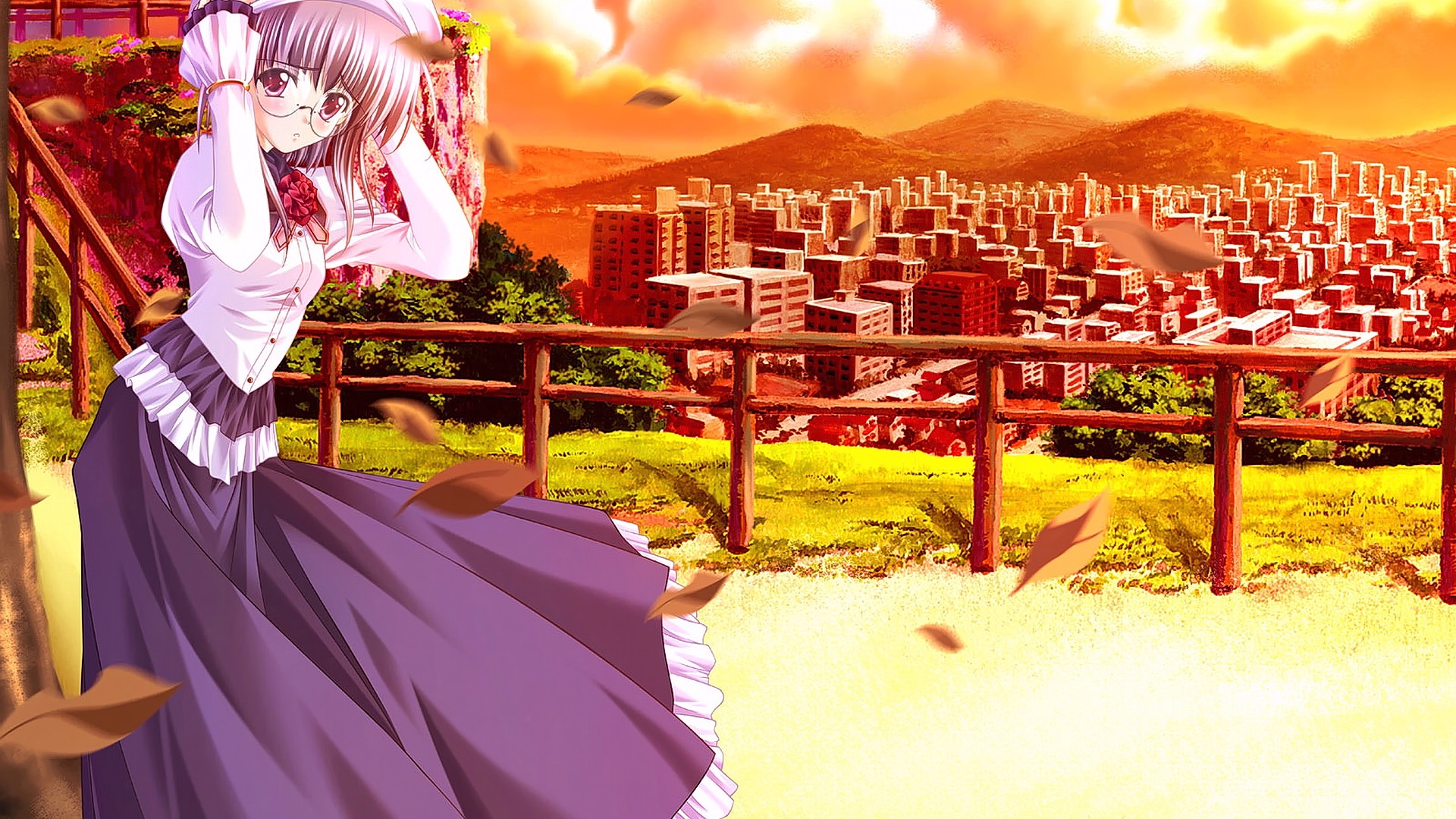 Anime 1920x1080 anime anime girls original characters cityscape women with glasses purple clothing looking at viewer women outdoors