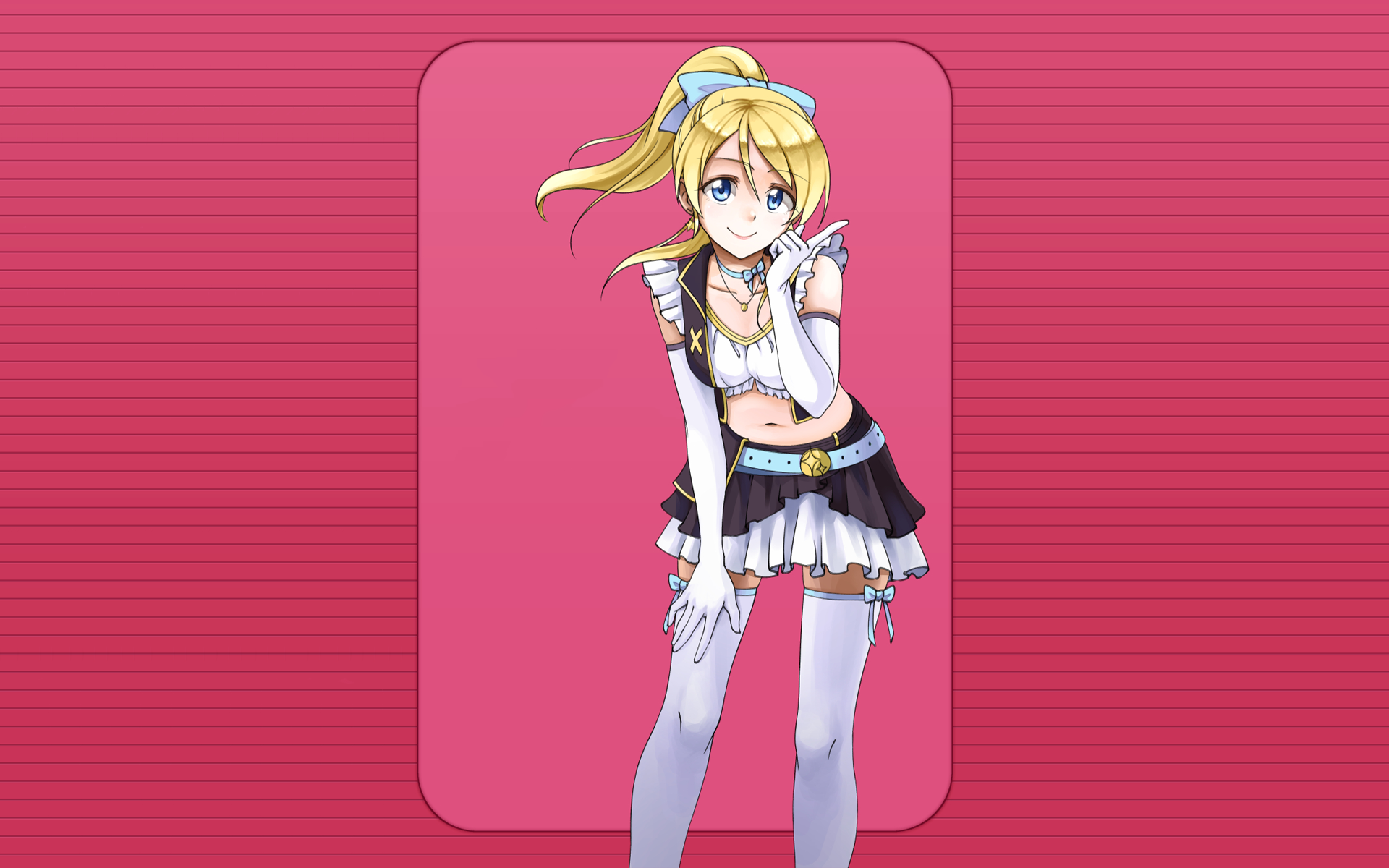Anime 1920x1200 anime anime girls Love Live! Ayase Eli ponytail blonde thigh-highs pink background stockings smiling lines blue eyes