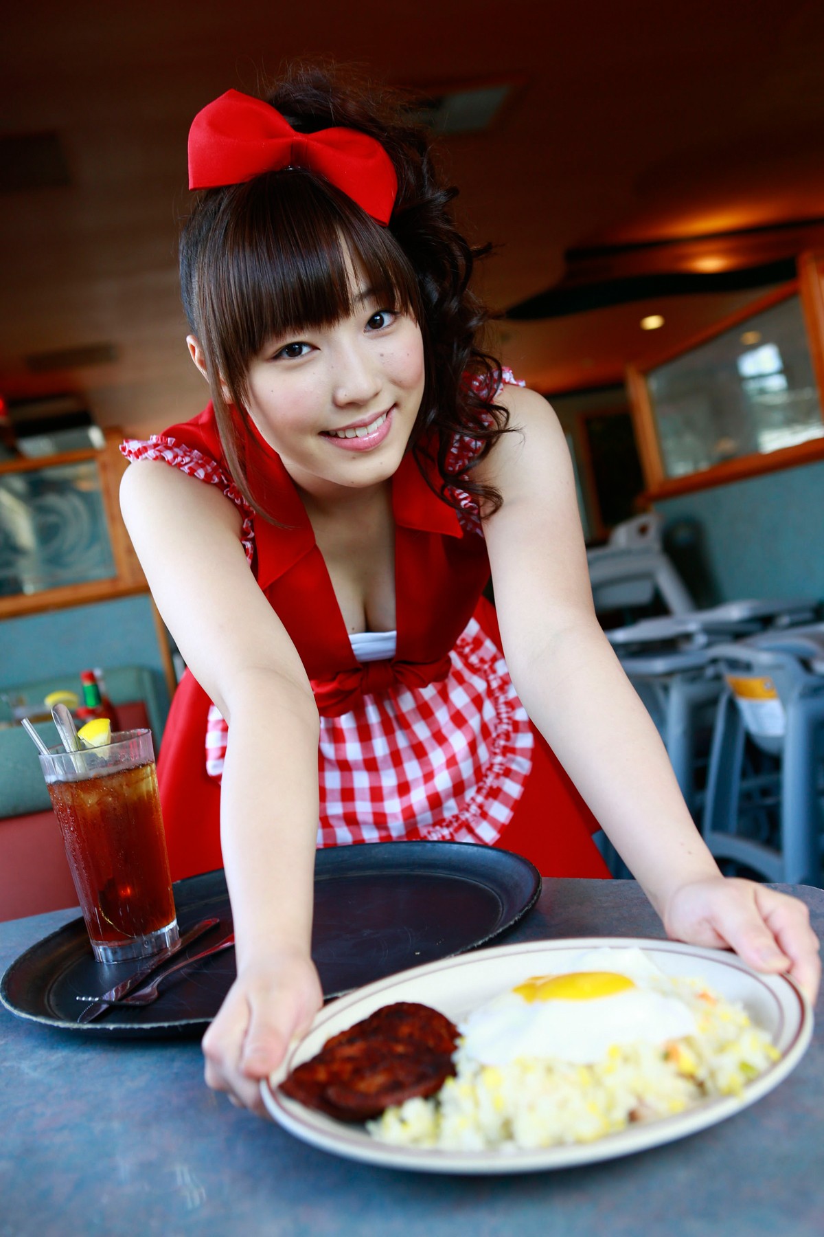 People 1200x1800 Mizuki Fukumura Asian Morning Musume women brunette brown eyes cleavage food drink knot smiling women indoors