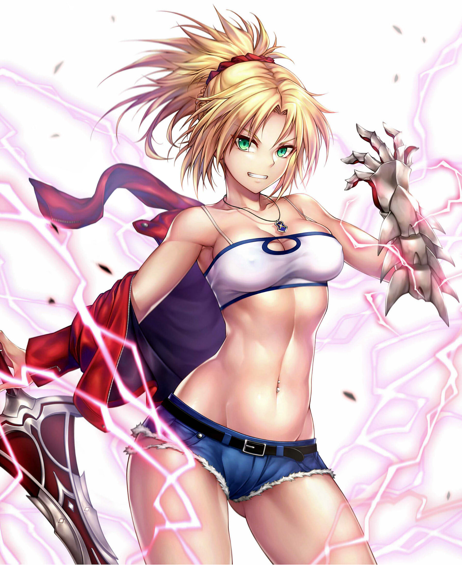 Anime 1500x1833 white background simple background hard nipples cleavage Fate/Apocrypha  Fate/Grand Order Mordred (Fate/Apocrypha) sword torn clothes anime girls Fate series