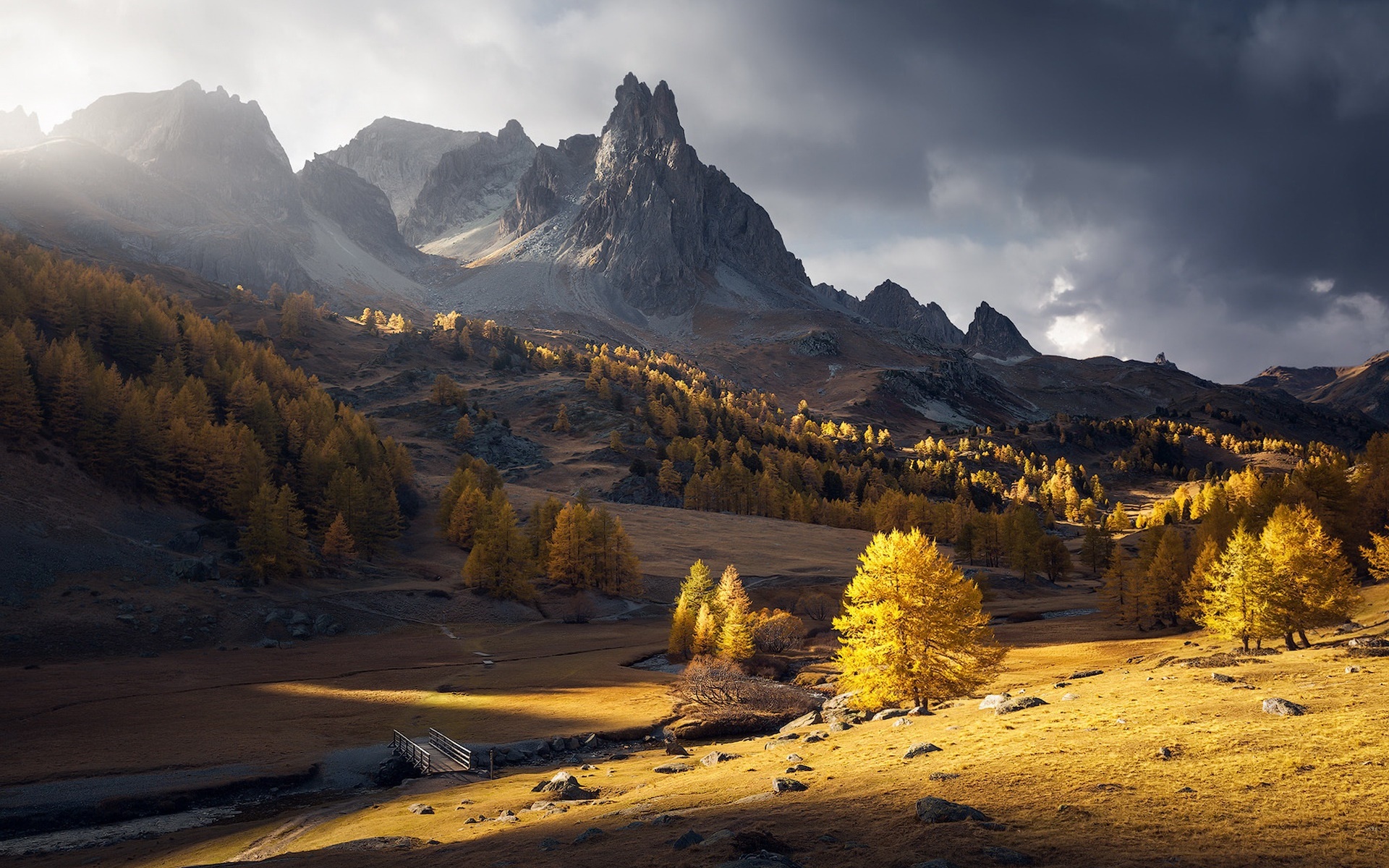 General 1920x1200 nature landscape mountains fall sunlight trees yellow rocks
