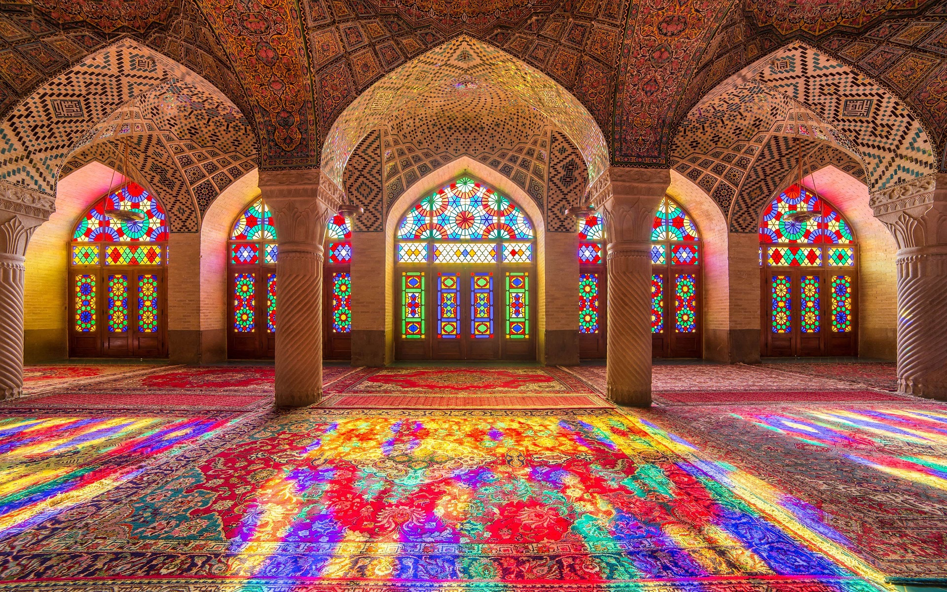 General 1920x1200 architecture Islamic architecture mosque colorful column arch indoors stained glass Iran Nasir al-Mulk Mosque geometric figures Middle East middle eastern Islam Muslim prayer PRay mosaic