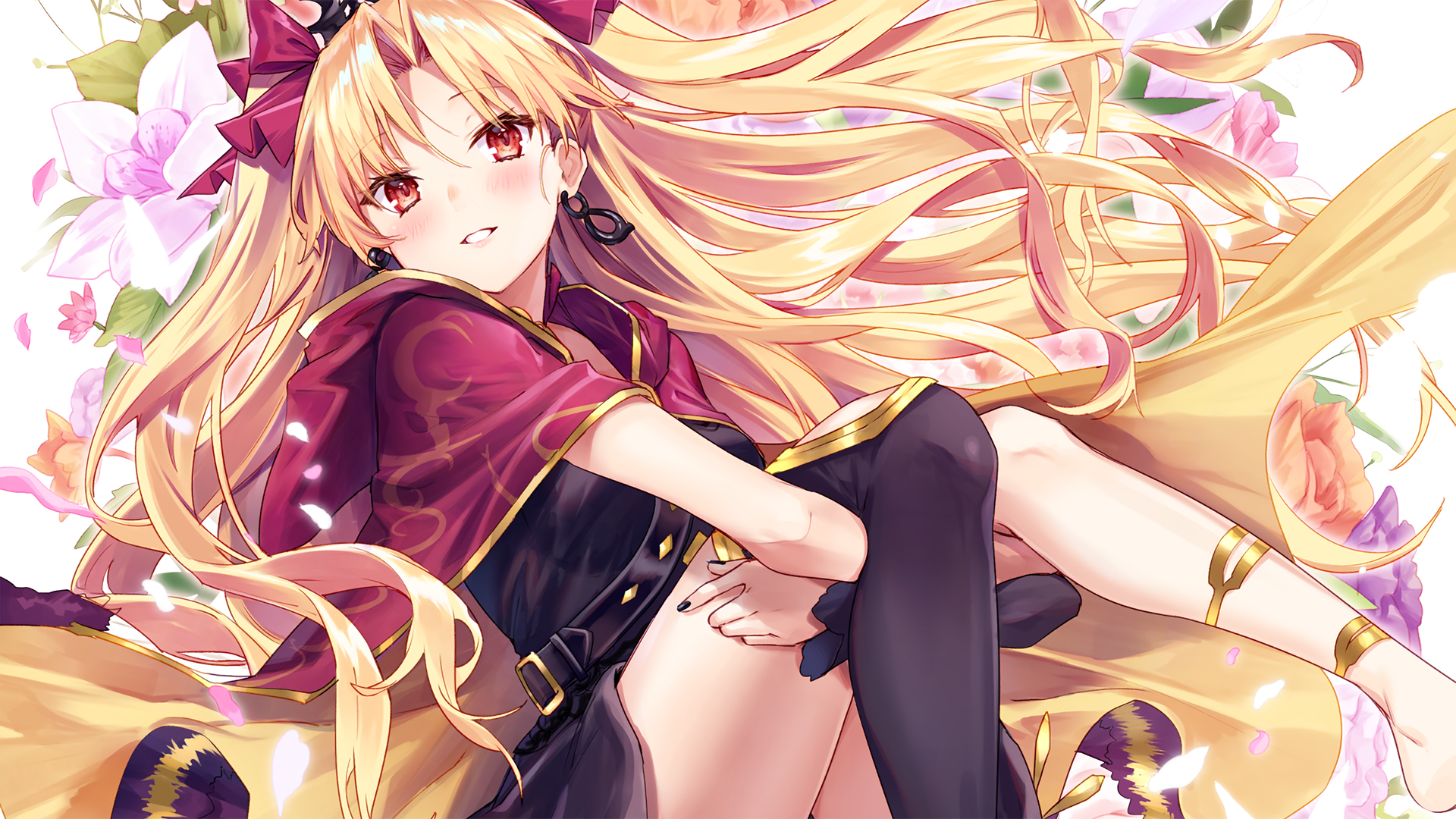Anime 1920x1080 blonde thick thigh long hair cape red ribbon Scathach Ereshkigal (Fate/Grand Order) Fate series