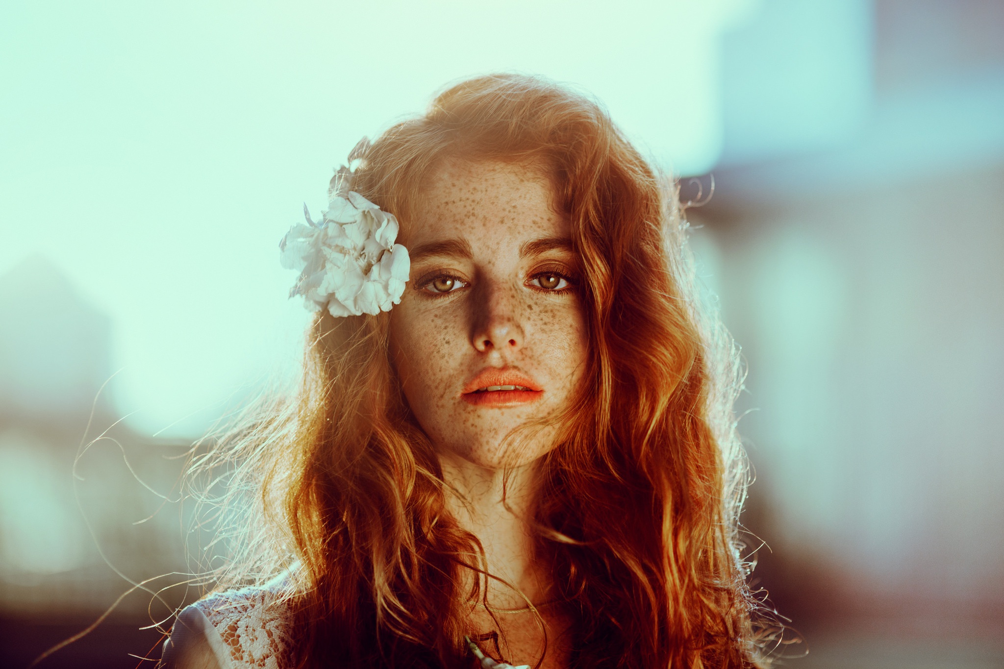 People 2048x1365 women model portrait face flowers freckles flower in hair frontal view redhead blurred