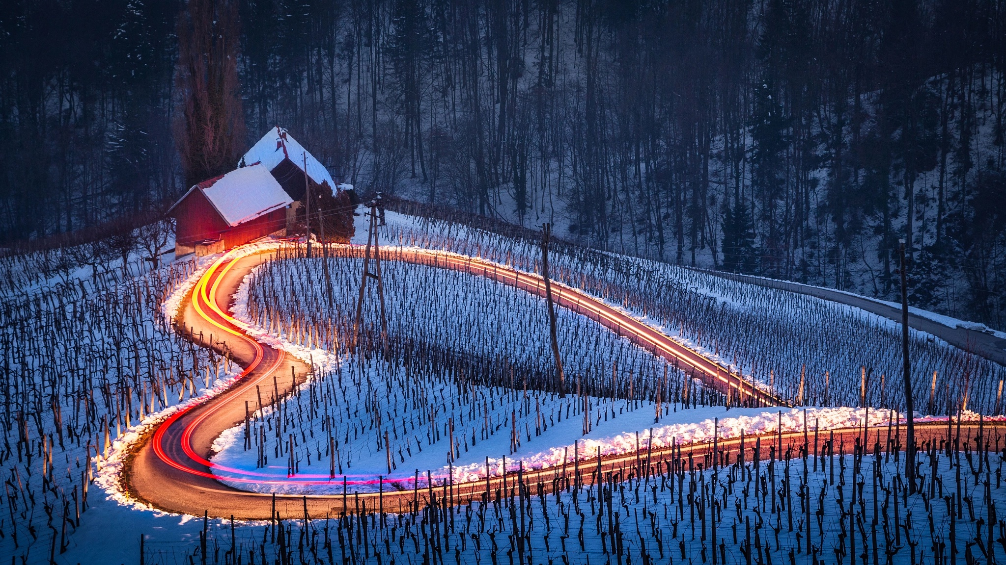 General 2048x1152 road long exposure winter landscape snow Slovenia light trails heart hills hairpin turns low light