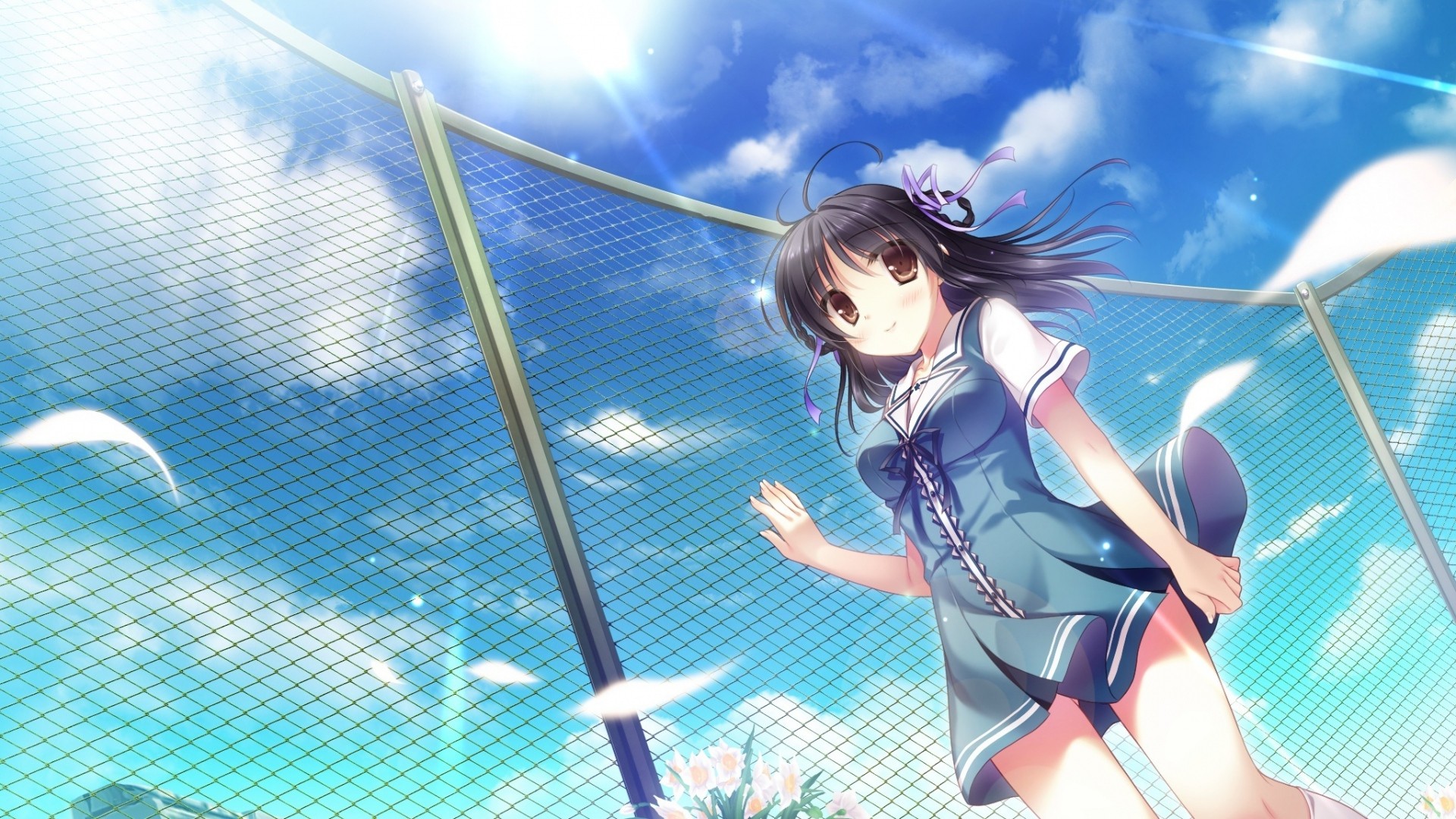 Anime 1920x1080 anime anime girls brown eyes dress sky fence thighs blue dress women outdoors smiling dark hair