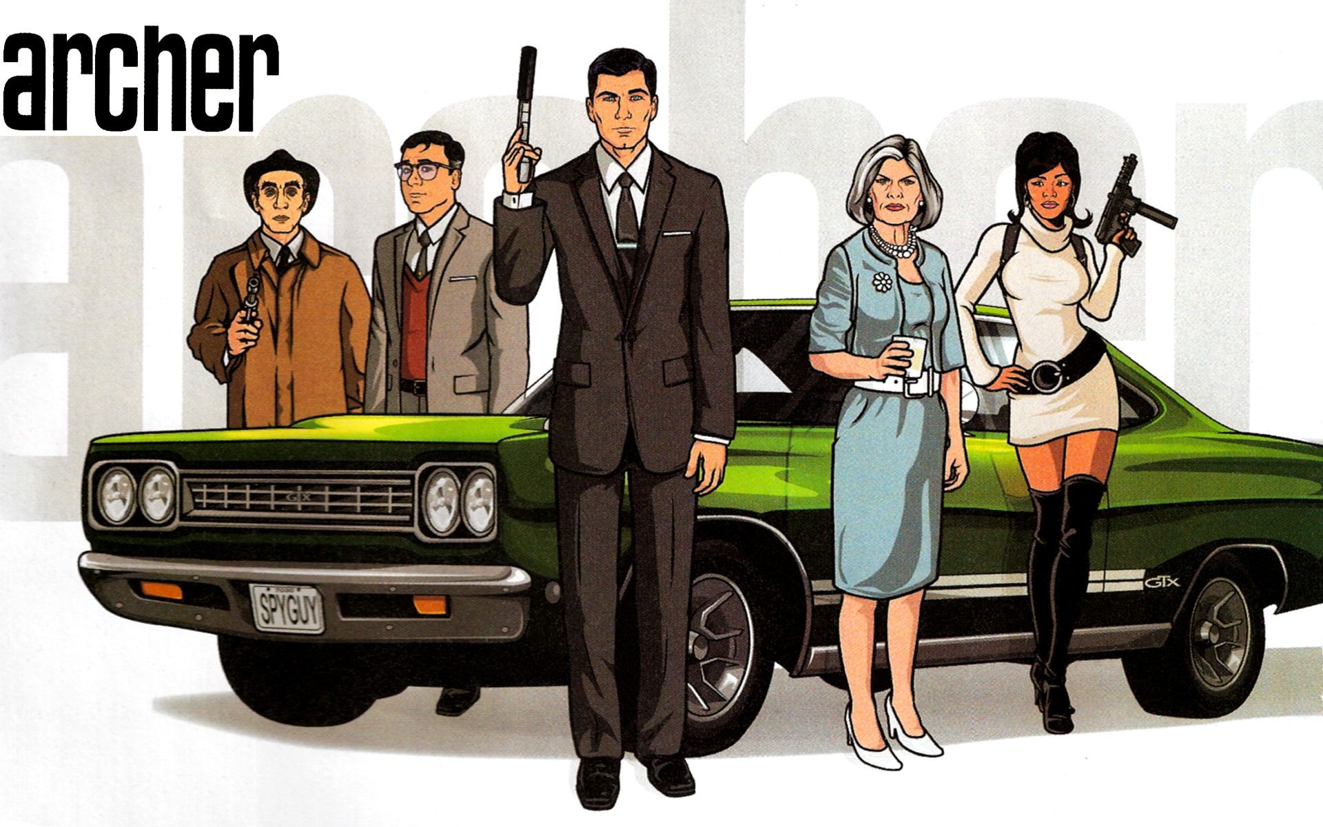 General 1920x1200 Archer (TV show) cartoon gun car Lana Kane Sterling Archer frontal view Plymouth Plymouth GTX at gunpoint TV series girls with guns weapon green cars vehicle women with cars