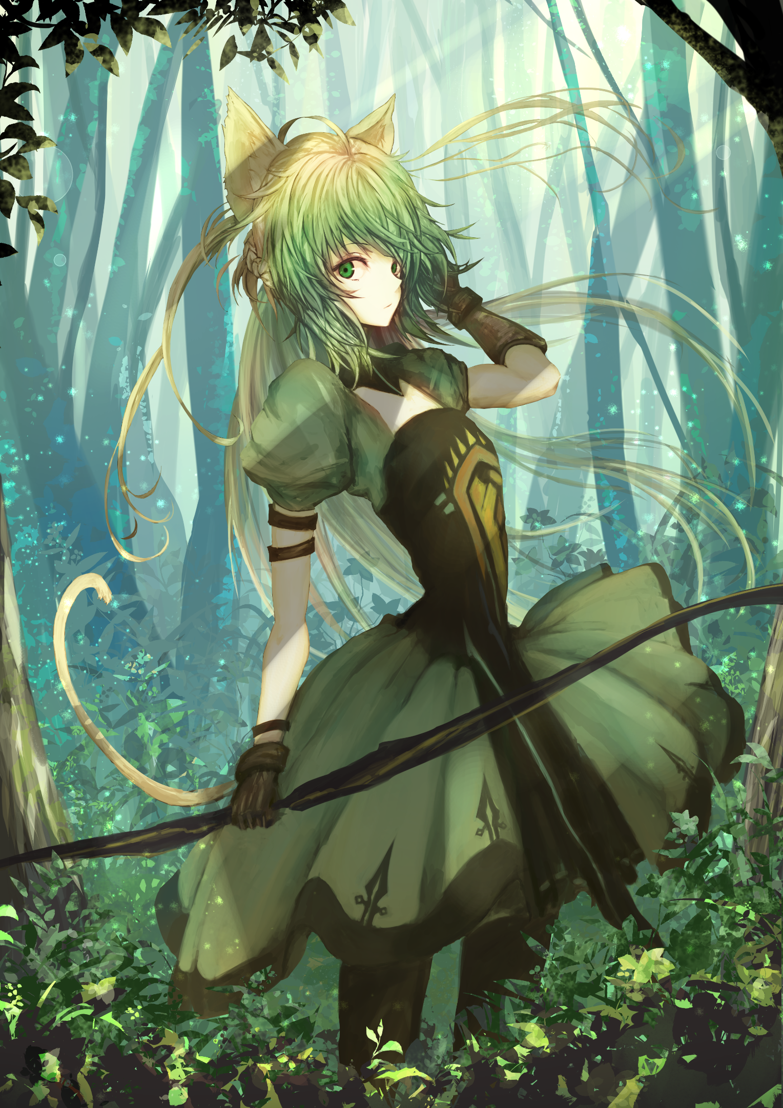 Anime 1528x2162 anime anime girls archer Fate/Grand Order Fate/Apocrypha  animal ears green hair green eyes forest Atalanta (Fate/Grand Order) Pixiv green dress dress hair in face long hair