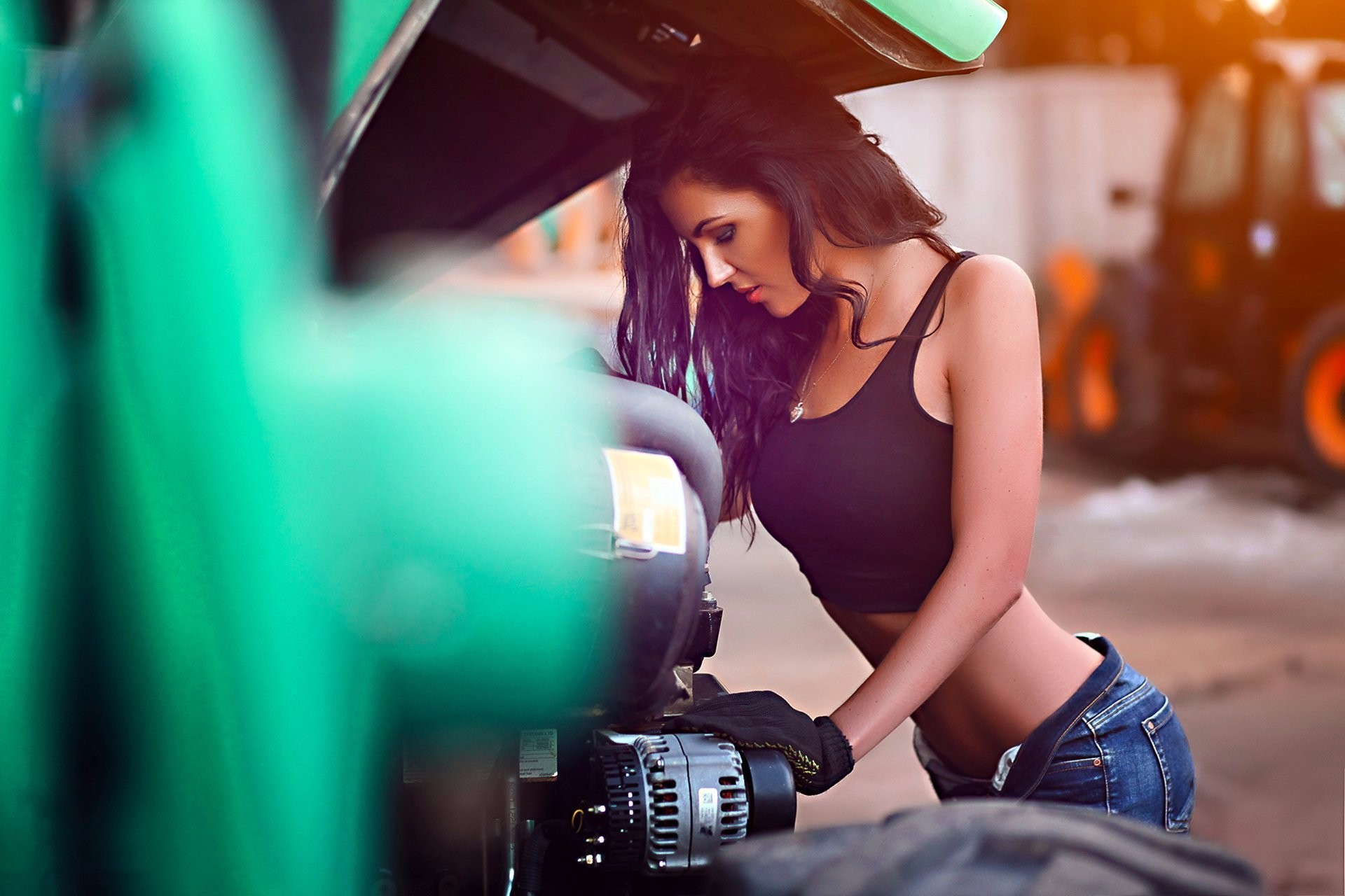 People 1920x1280 photography car brunette model women jean shorts sports bra machine lights women with cars vehicle engine necklace face profile belly slim body black top long hair lipstick gloves green cars