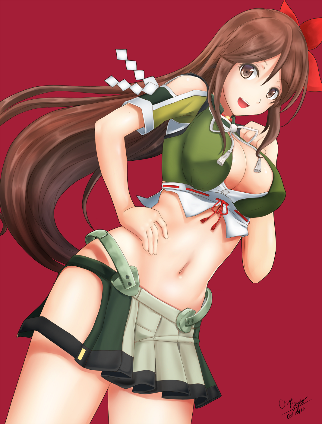 Anime 1068x1404 anime anime girls Amagi (Kancolle) Kantai Collection brown eyes long hair open shirt Pixiv red background simple background boobs big boobs curvy belly skirt open mouth hands on waist watermarked 2015 (Year)
