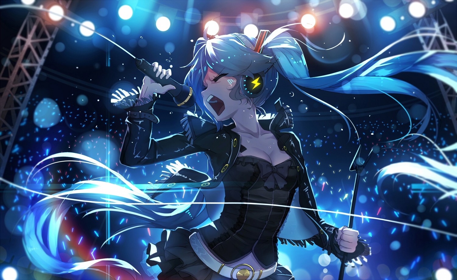 Anime 1500x921 anime anime girls Vocaloid Hatsune Miku headphones microphone blue hair long hair concerts Pixiv music singer closed eyes black clothing