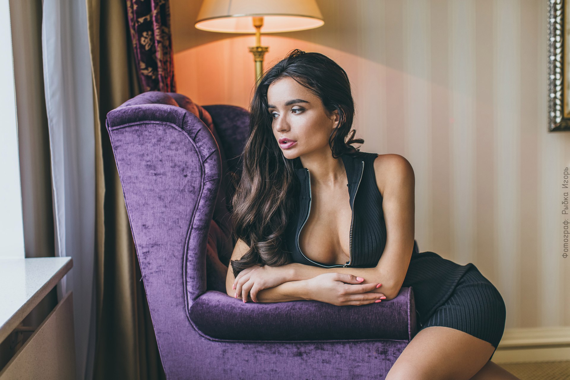 People 1920x1280 women Ekaterina Zueva tanned black dress lamp looking away cleavage no bra open clothes looking out window brunette watermarked Igor Rybka
