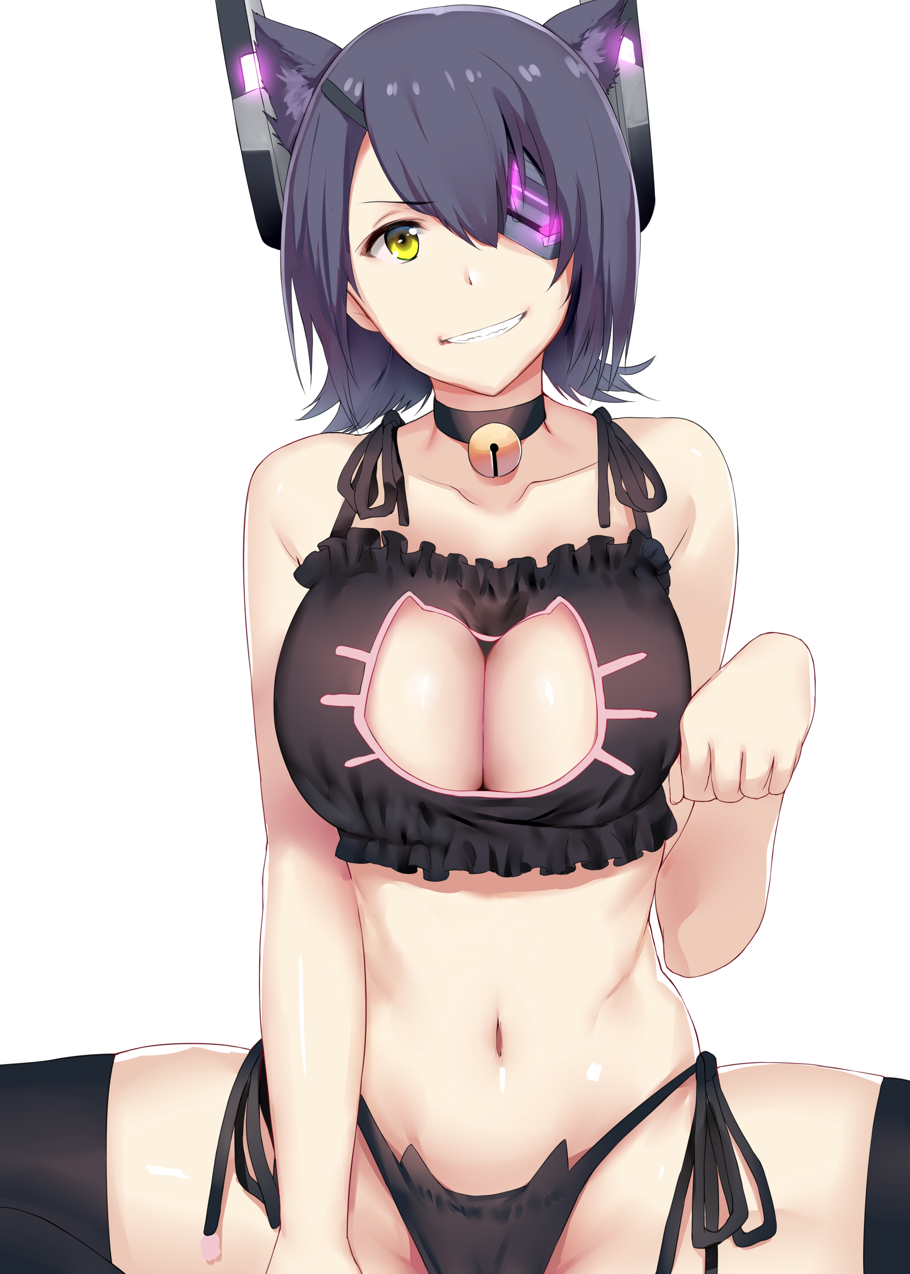 Anime 3500x4900 white background animal ears cleavage eyepatches Hews Kantai Collection lingerie cat girl panties black lingerie Tenryuu (KanColle) thigh-highs bells cat keyhole bra spread legs big boobs anime girls collar