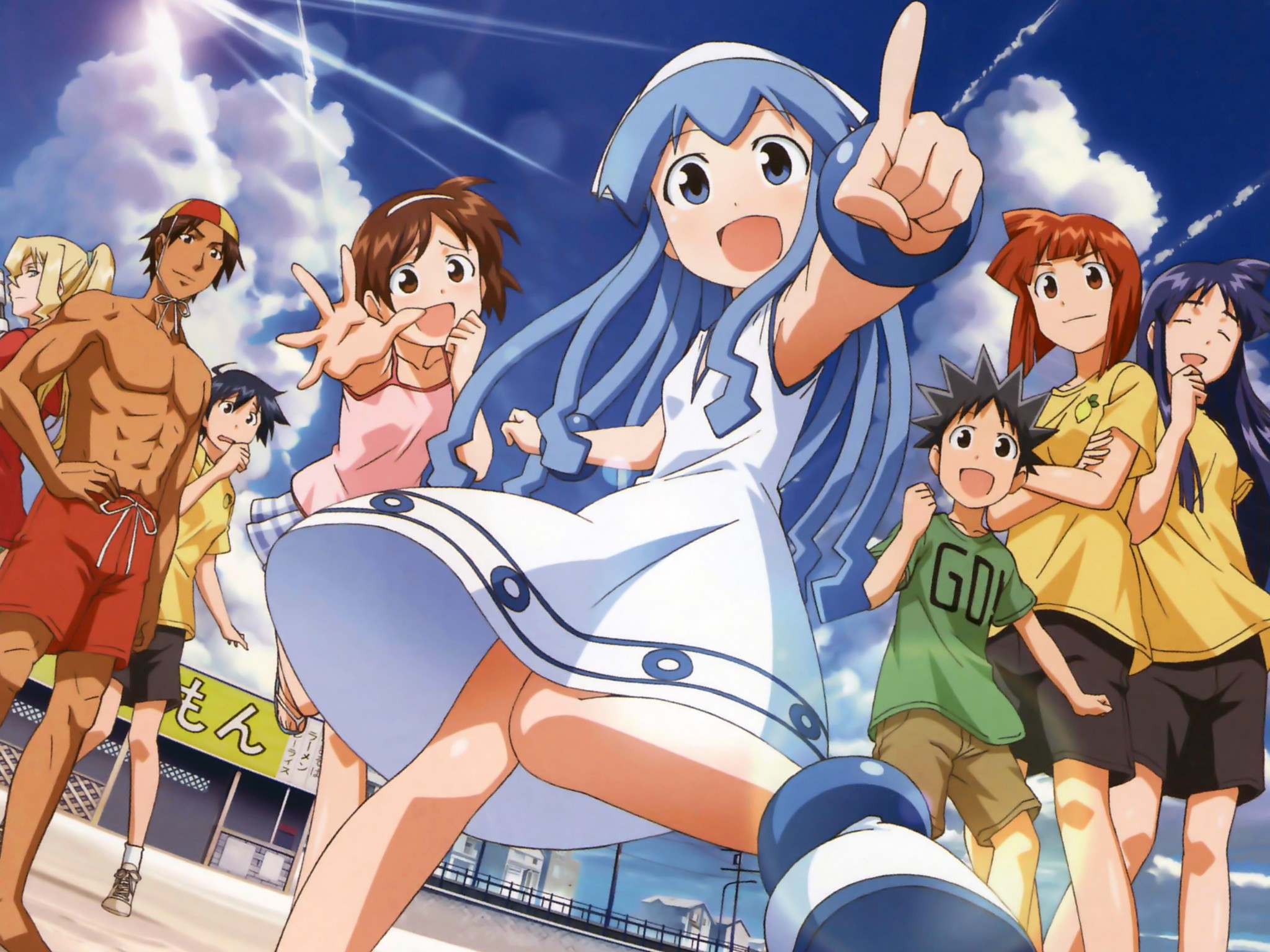Anime 2048x1536 Shinryaku! Ika Musume Ika Musume Aizawa Eiko Aizawa Chizuru Aizawa Takeru anime anime girls blue hair anime boys