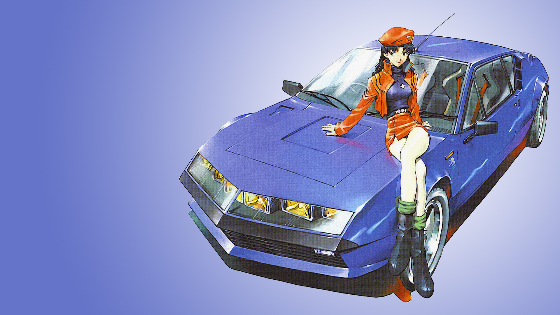 Anime 1920x1080 Neon Genesis Evangelion Katsuragi Misato legs berets skirt boots Renault Alpine Alpine A310