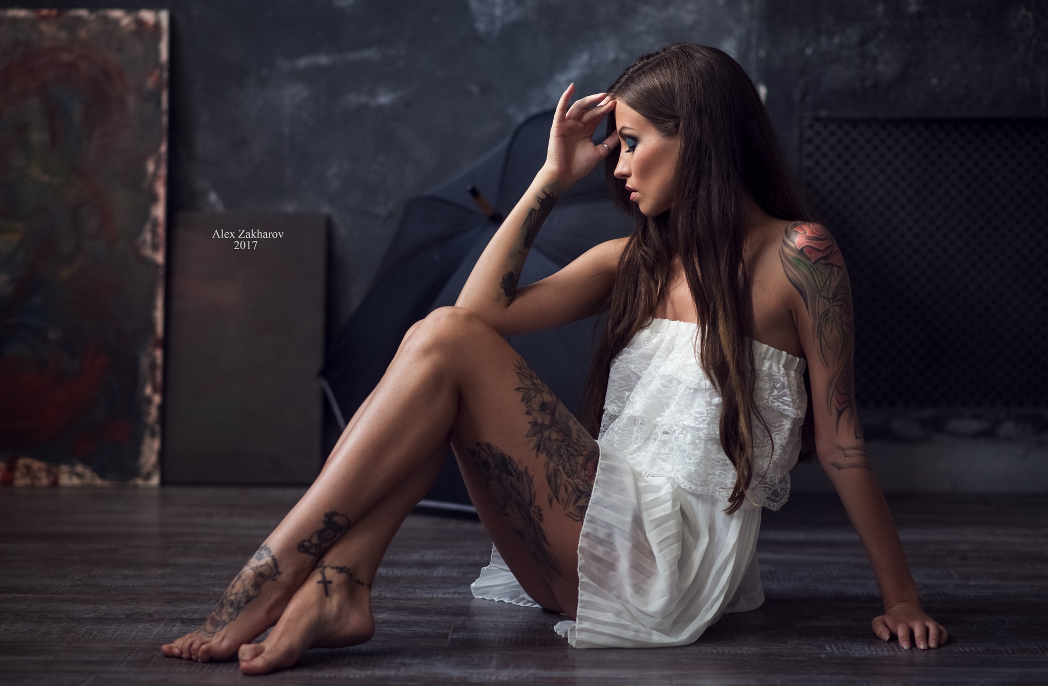 People 2048x1341 women tanned sitting tattoo closed eyes dress on the floor Alex Zakharov barefoot brunette watermarked indoors