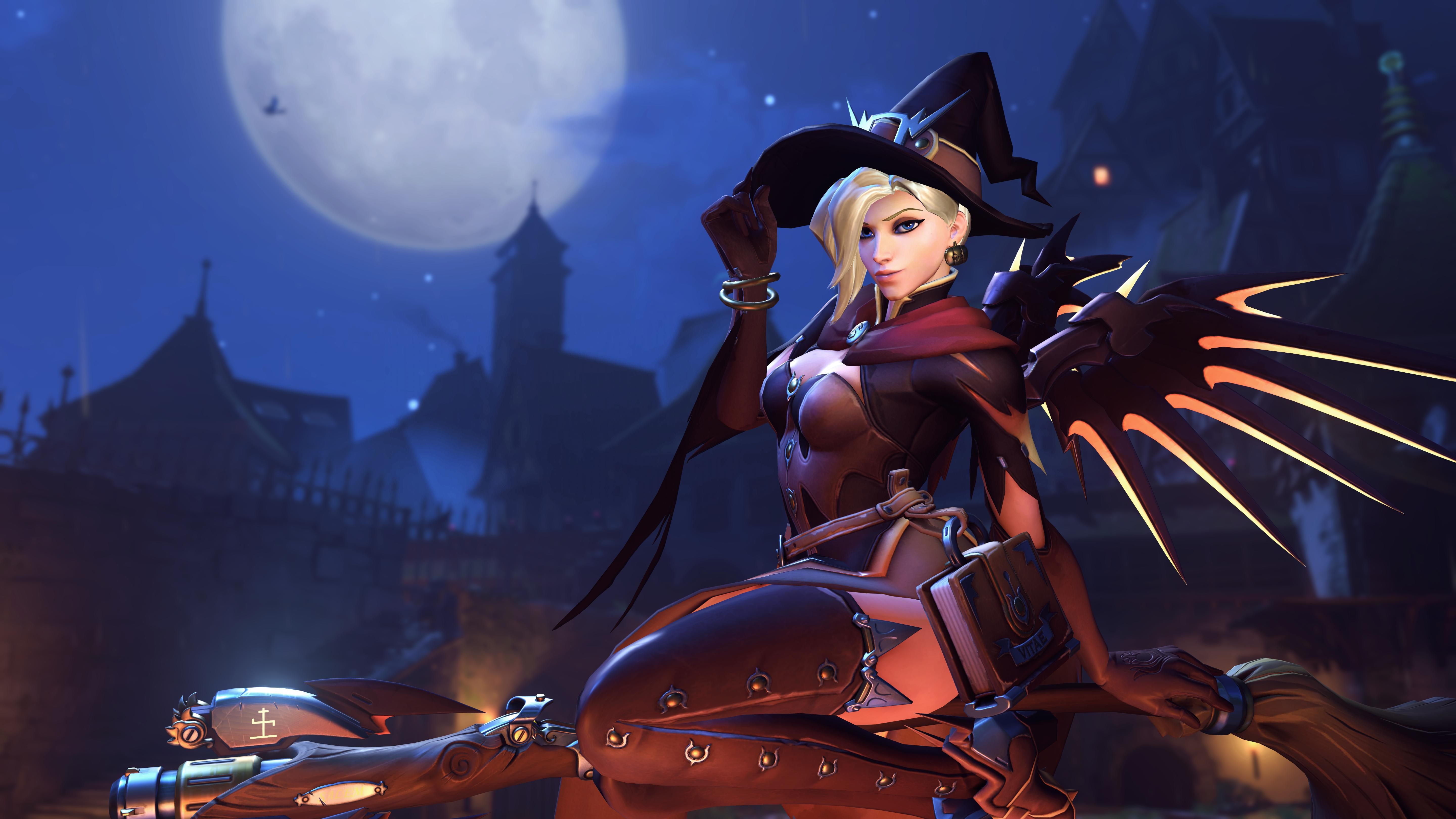 General 5760x3240 Overwatch Mercy (Overwatch) witch Halloween Blizzard Entertainment video games Moon night thighs bent legs blonde wings witch hat