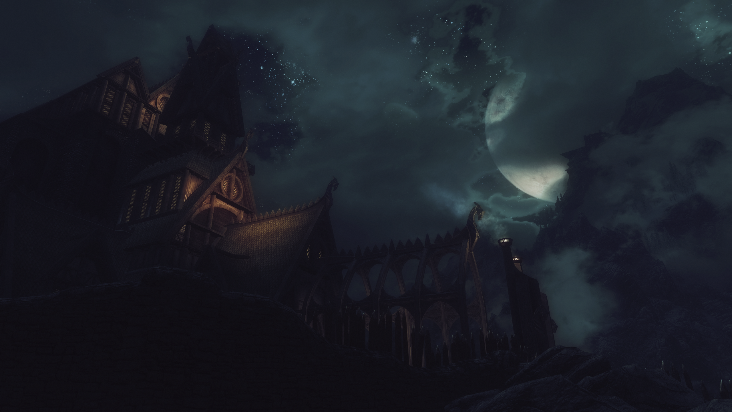 General 2560x1440 The Elder Scrolls V: Skyrim video games Whiterun night sky Moon clouds Dragonsreach