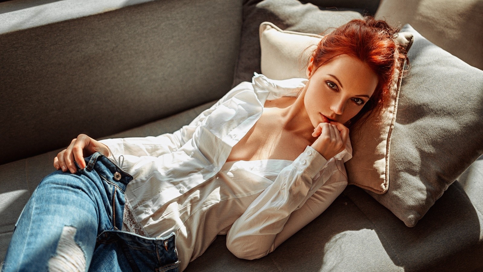 People 1600x900 Georgy Chernyadyev women model open shirt redhead torn jeans lying down no bra panties cleavage portrait finger in mouth Alina Bagrets women indoors indoors makeup dyed hair looking at viewer